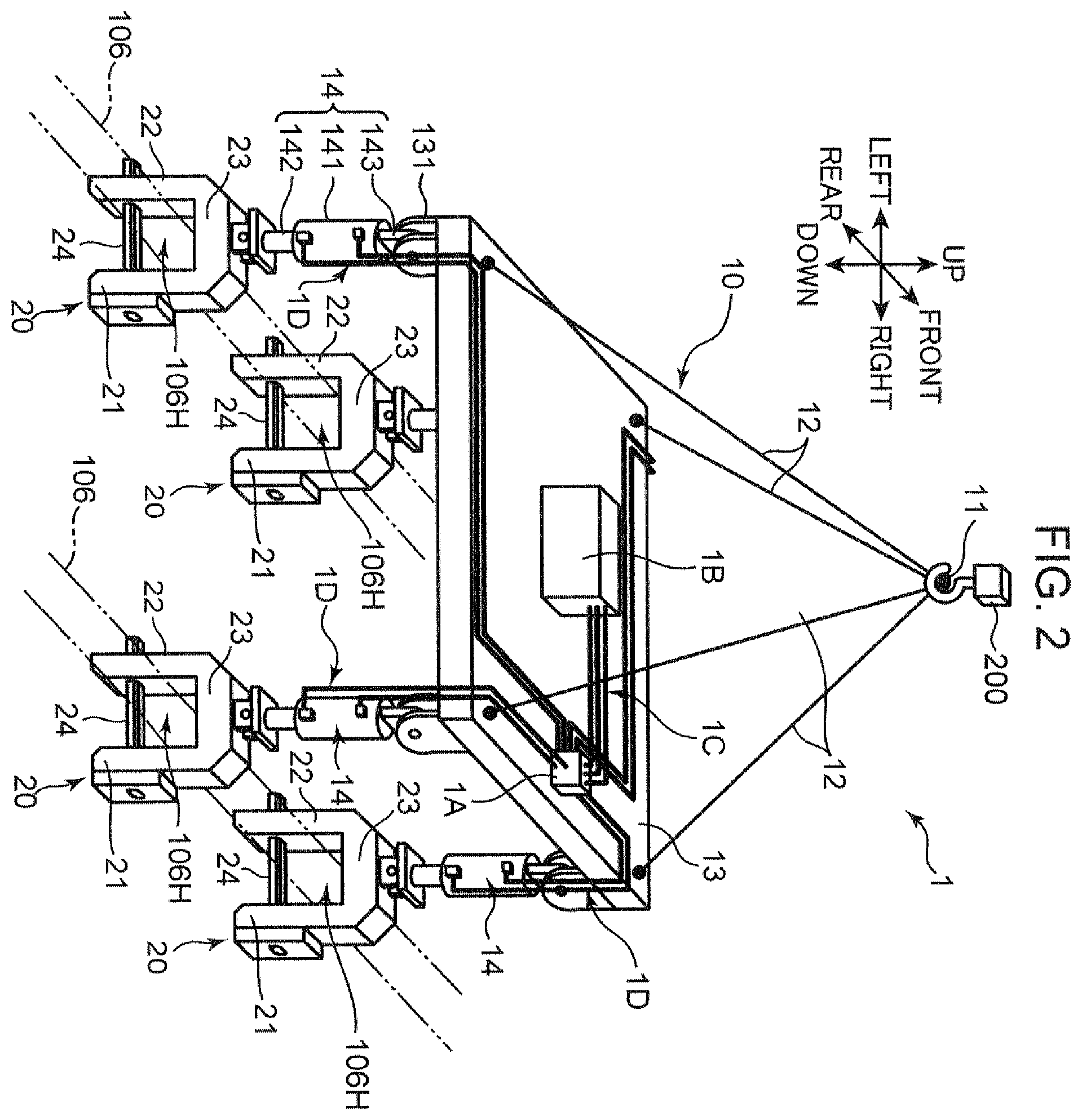 Patent US12365567 Figure 2 – Work machine suspension device, retention device, and method for suspending structure member