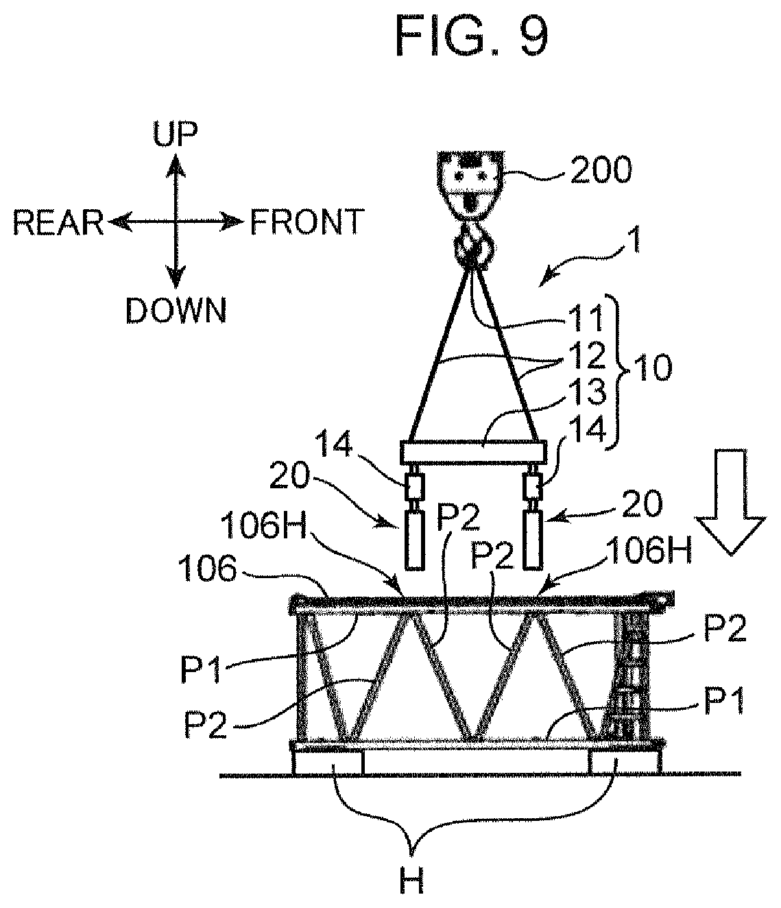Patent US12365567 Figure 9 – Work machine suspension device, retention device, and method for suspending structure member