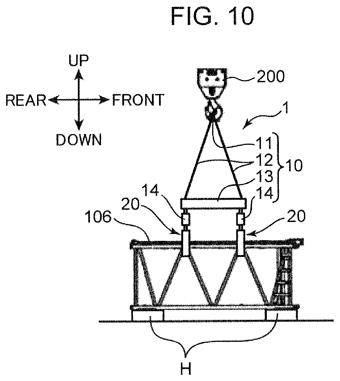 Patent US12365567 Figure 10 – Work machine suspension device, retention device, and method for suspending structure member