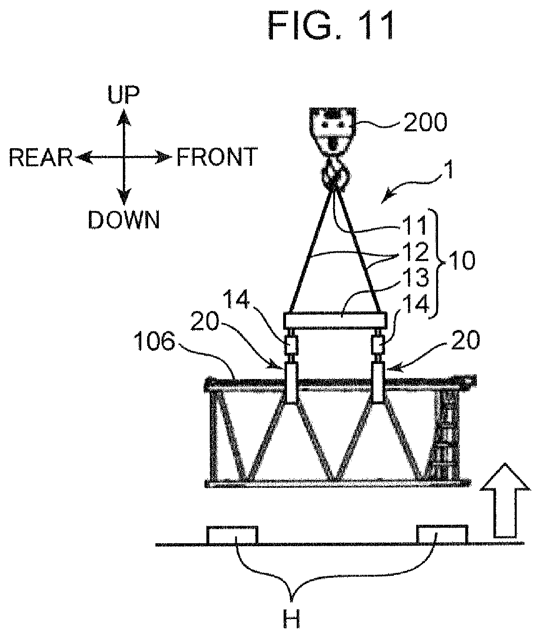 Patent US12365567 Figure 11 – Work machine suspension device, retention device, and method for suspending structure member