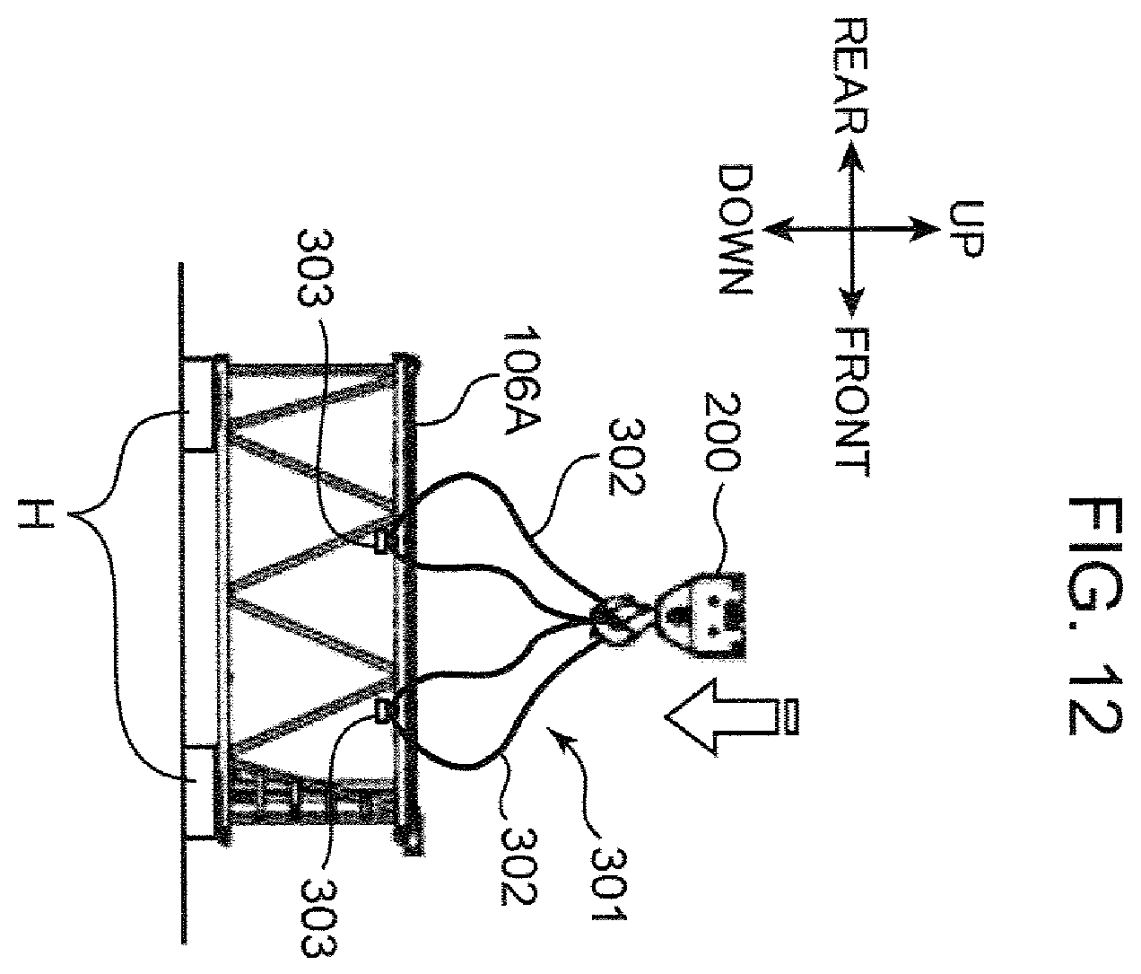 Patent US12365567 Figure 12 – Work machine suspension device, retention device, and method for suspending structure member