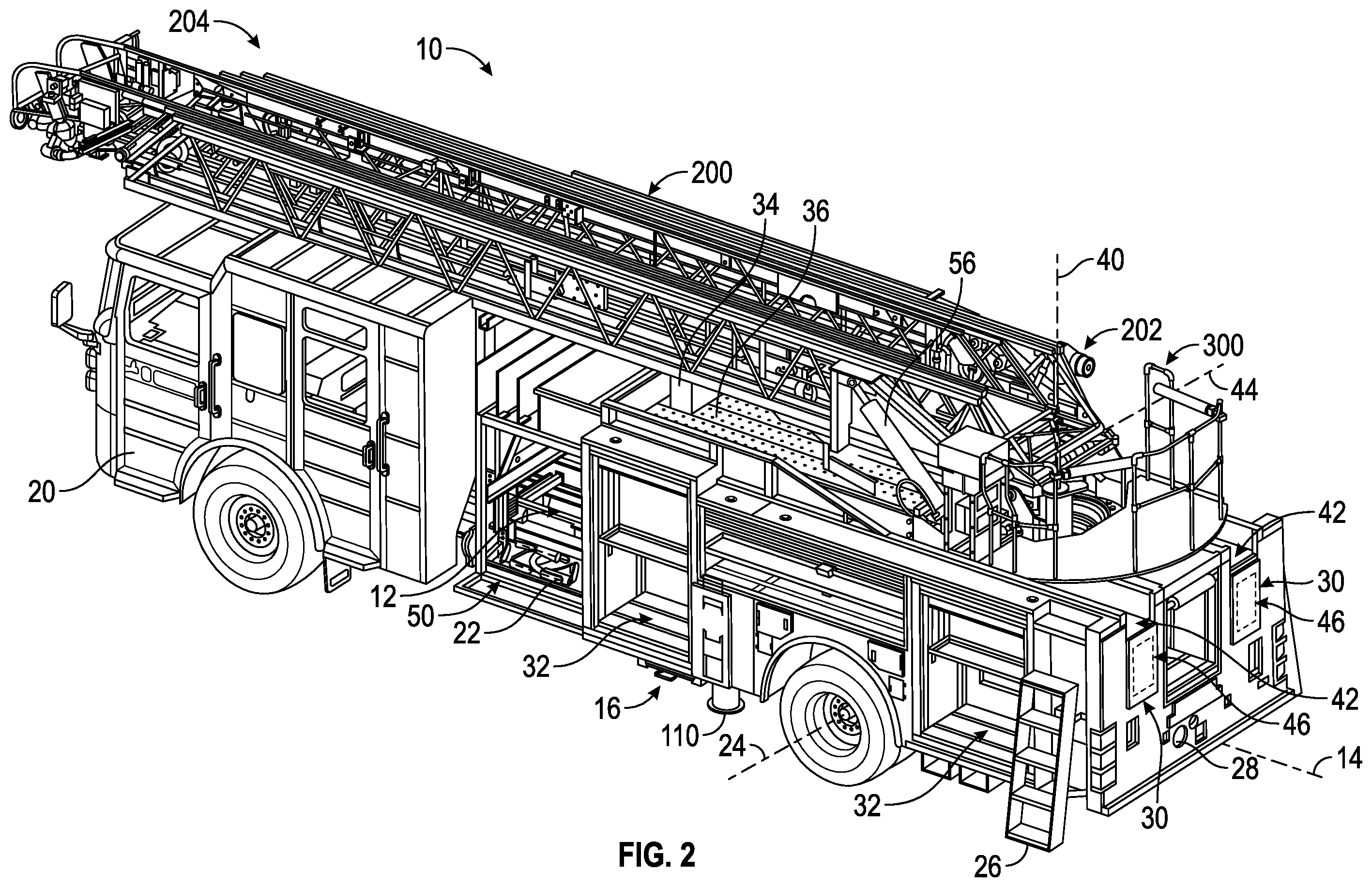 Patent US12365571 Figure 2 – Ladder and turntable assembly for a fire apparatus