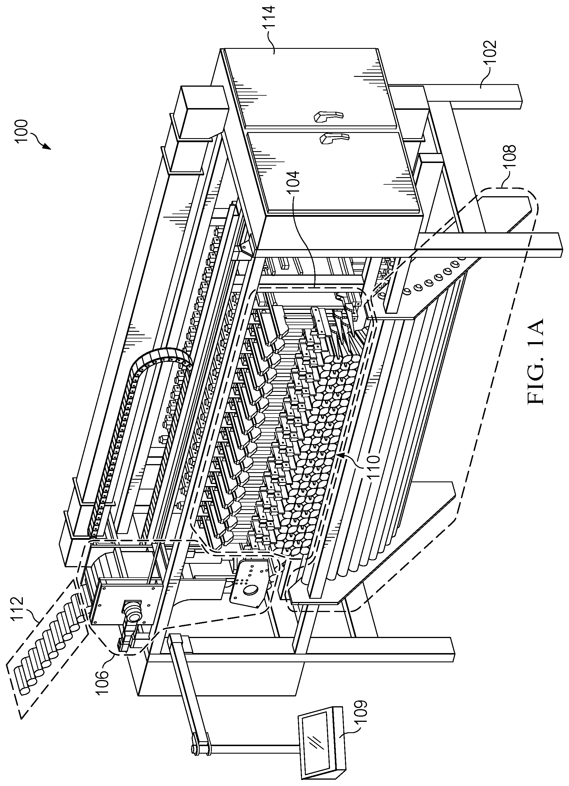 Patent US12365578 Figure 1 – Glueless pocketed spring cushioning unit assembler