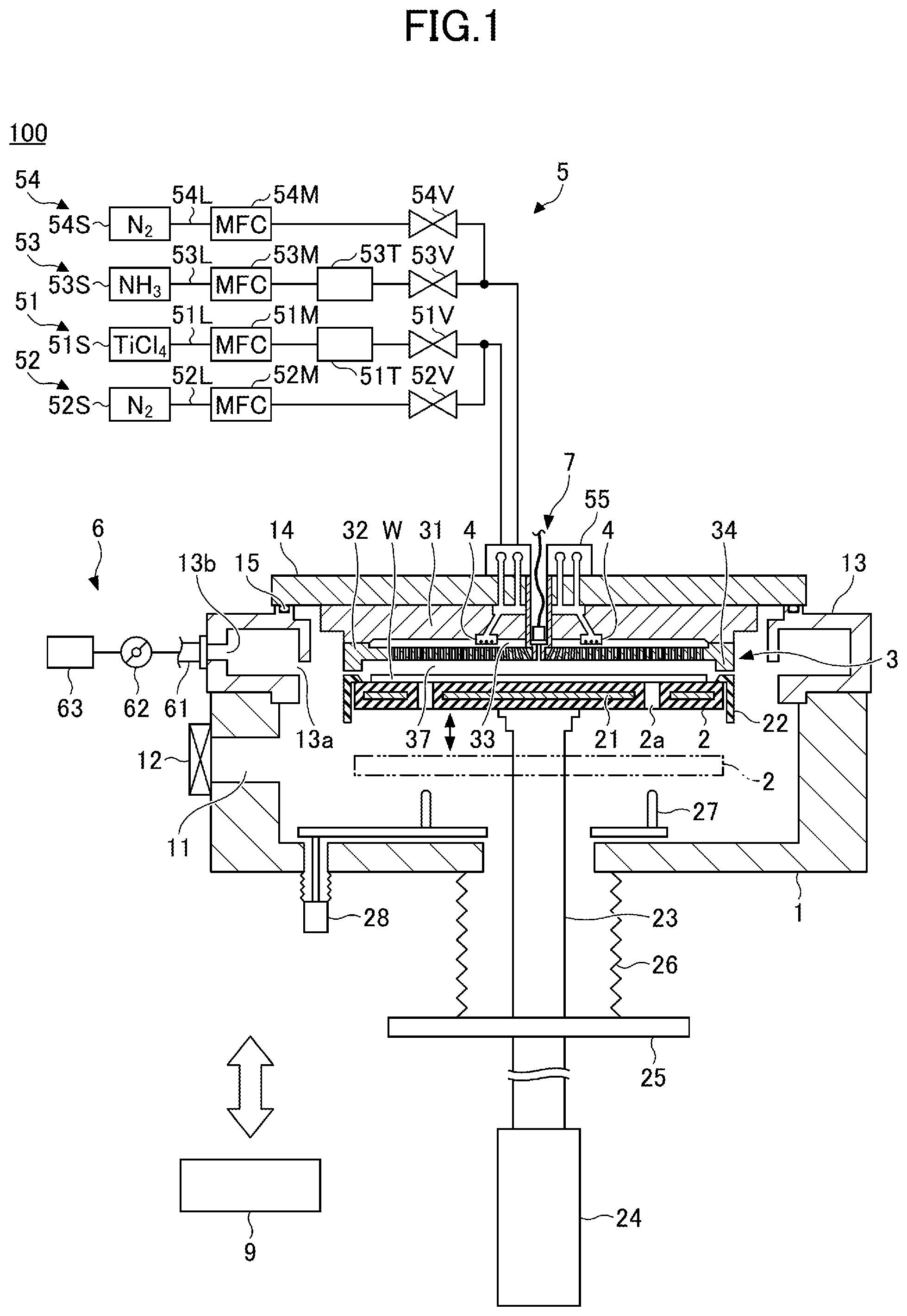 Patent US12365985 Figure 1 – Deposition apparatus with pressure sensor and shower head on same plane and deposition method