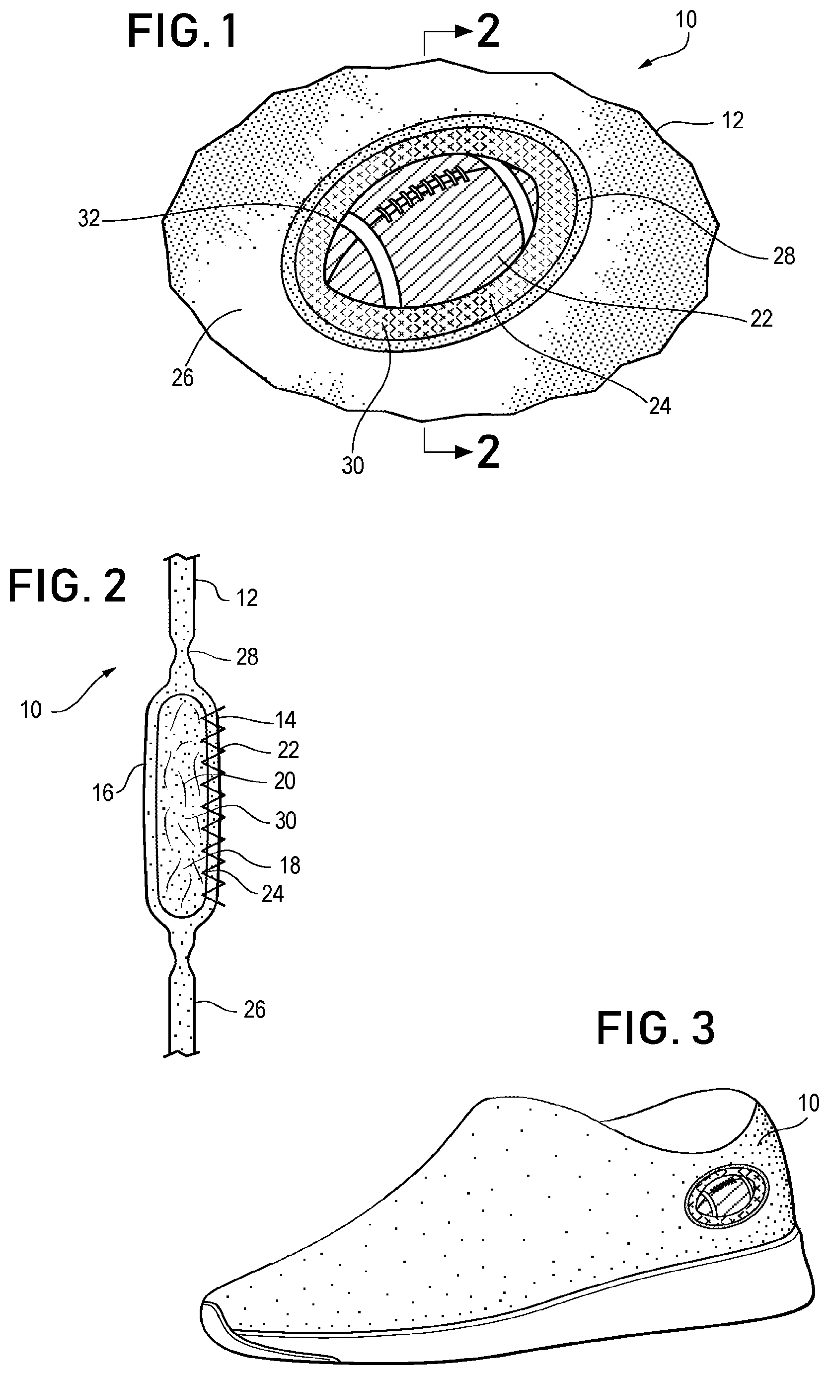 Patent US12366022 Figure 1 – Textile component with embroidered emblem