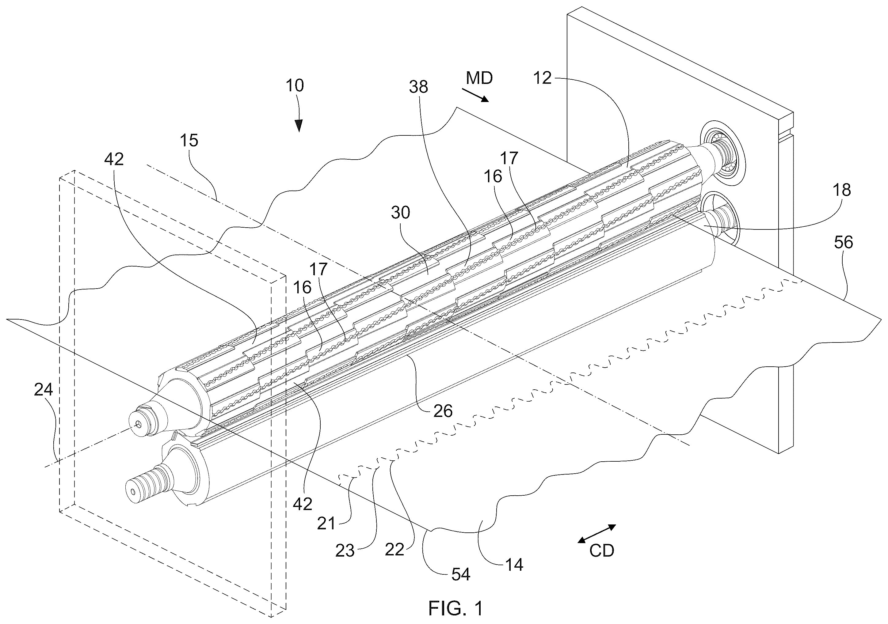 Patent US12366038 Figure 1 – Sanitary tissue product with a shaped line of weakness