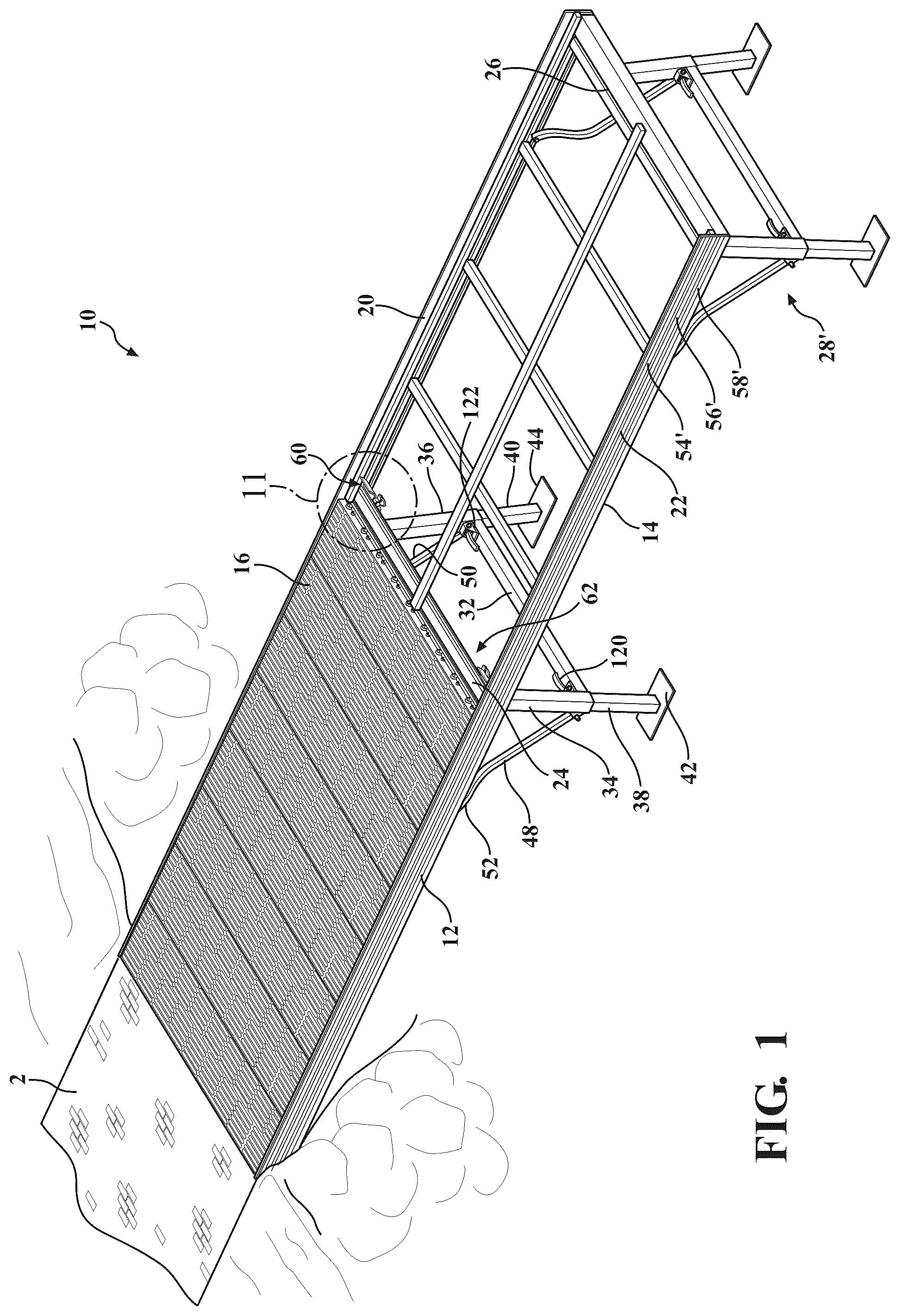 Patent US12366044 Figure 1 – Dock assembly with inter-engaging sections incorporating cam profile clips and lift lever mechanism for vertical adjustability