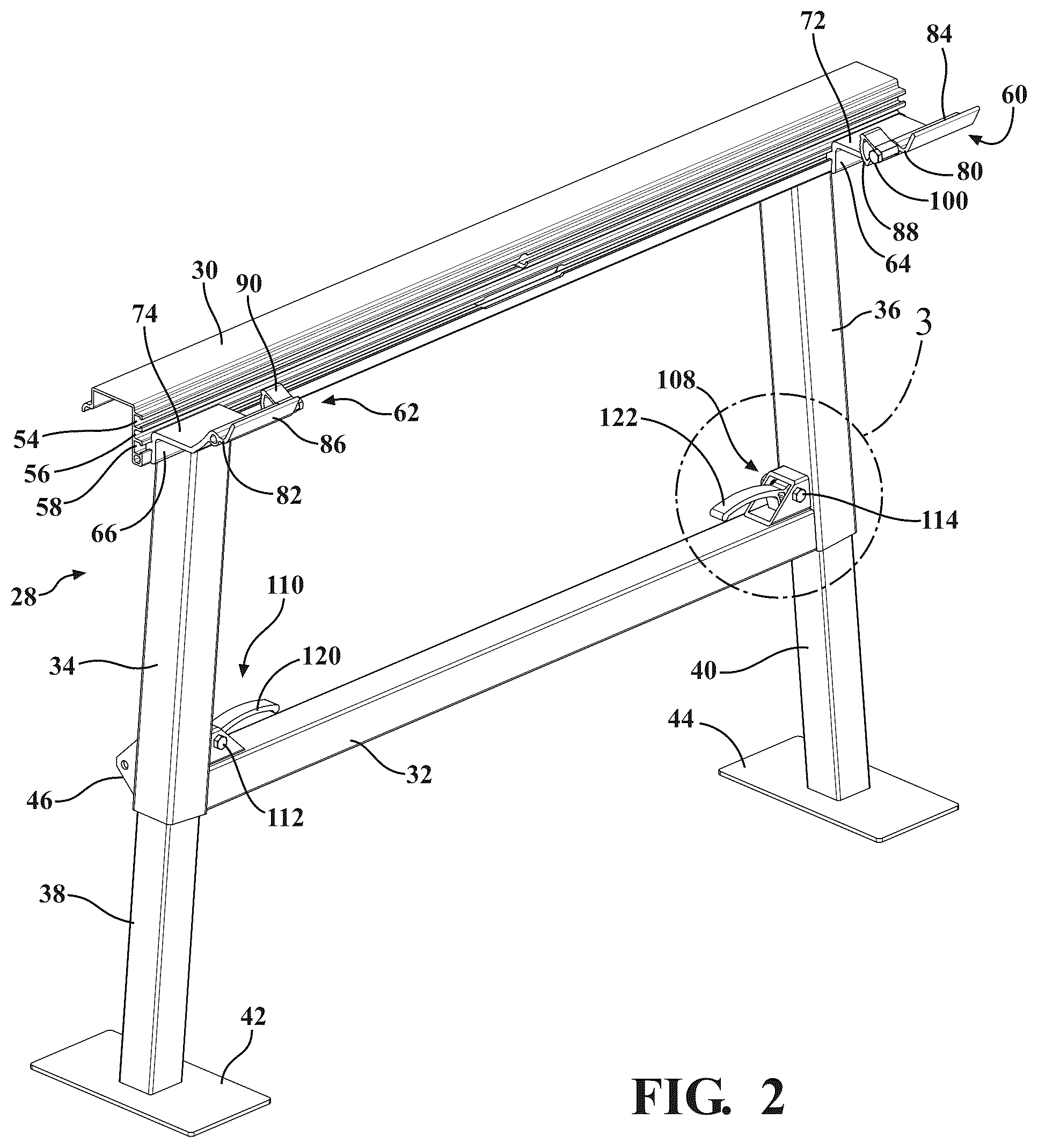 Patent US12366044 Figure 2 – Dock assembly with inter-engaging sections incorporating cam profile clips and lift lever mechanism for vertical adjustability