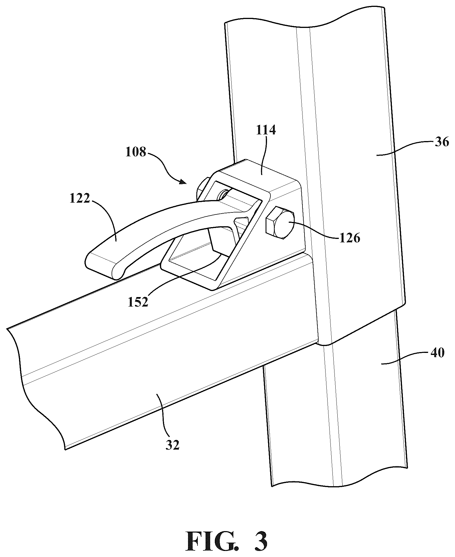 Patent US12366044 Figure 3 – Dock assembly with inter-engaging sections incorporating cam profile clips and lift lever mechanism for vertical adjustability