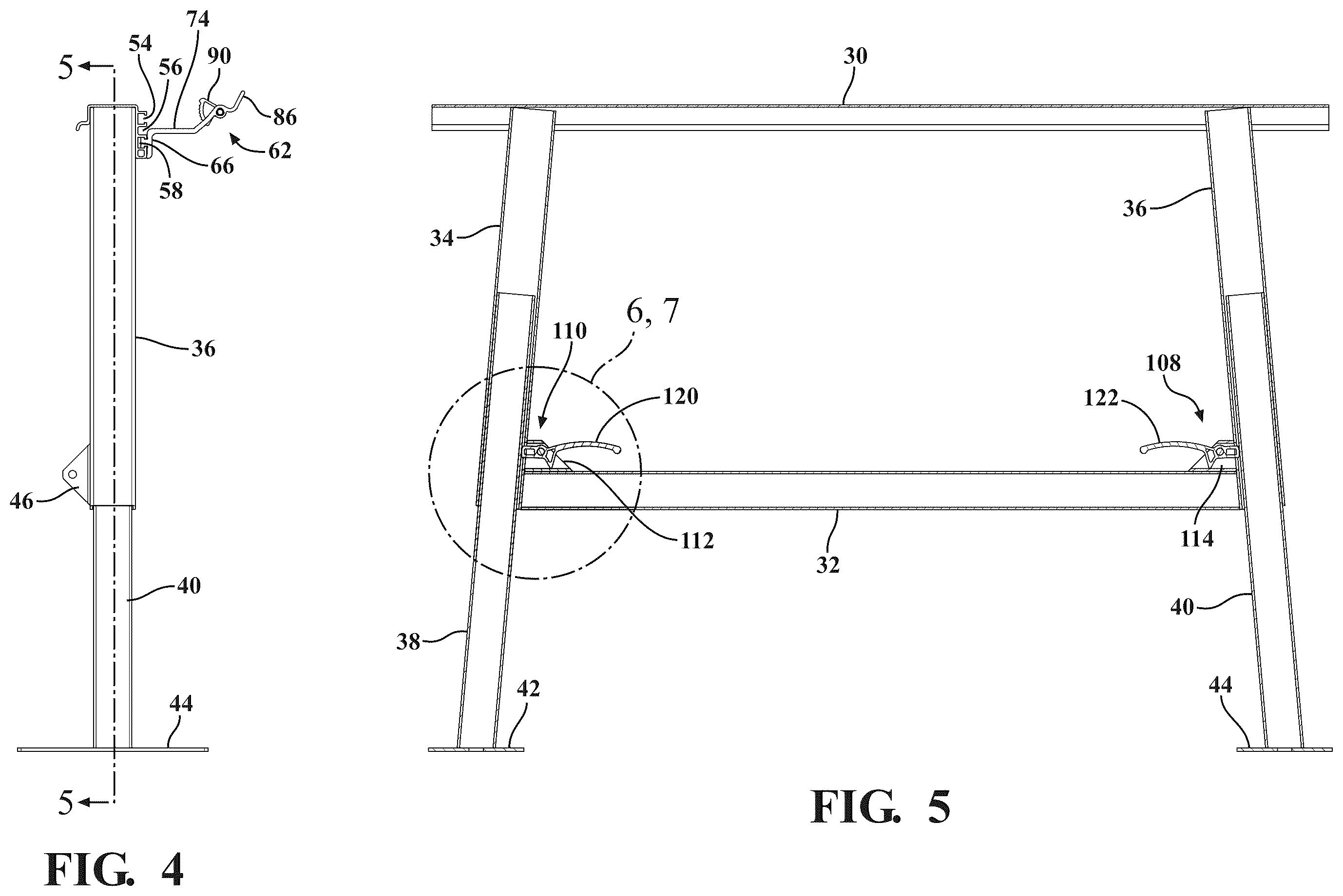 Patent US12366044 Figure 4 – Dock assembly with inter-engaging sections incorporating cam profile clips and lift lever mechanism for vertical adjustability