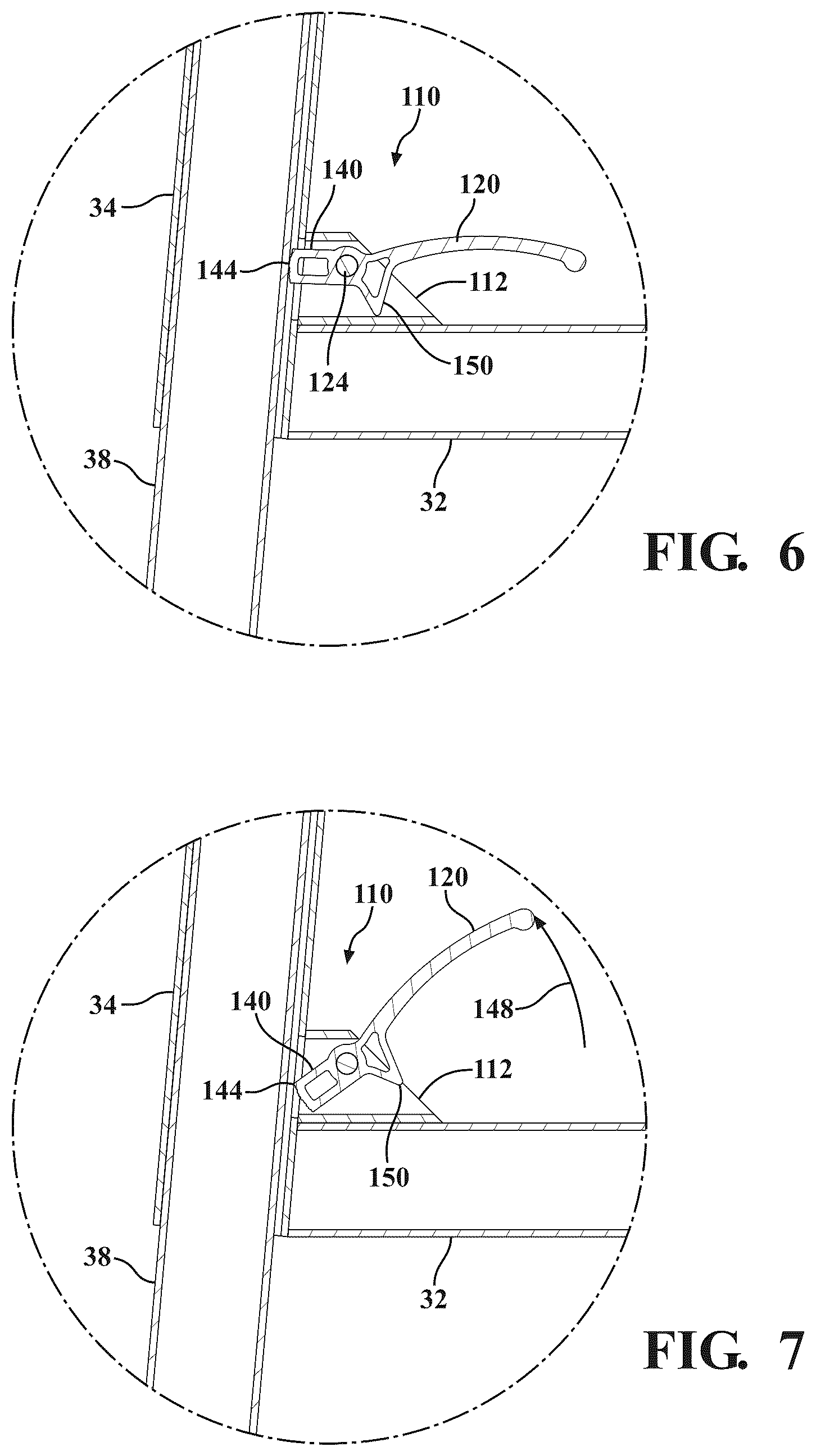 Patent US12366044 Figure 5 – Dock assembly with inter-engaging sections incorporating cam profile clips and lift lever mechanism for vertical adjustability