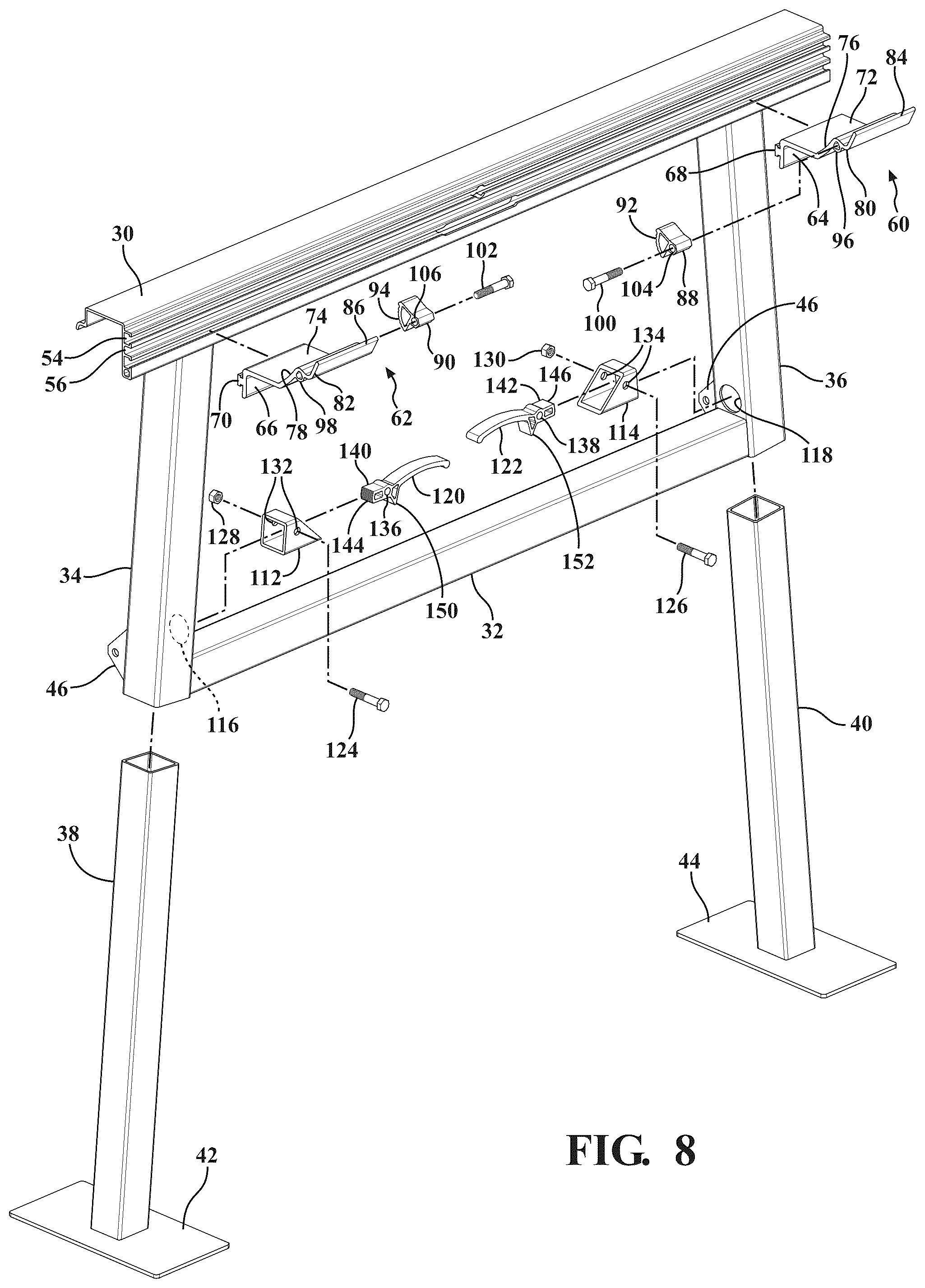 Patent US12366044 Figure 6 – Dock assembly with inter-engaging sections incorporating cam profile clips and lift lever mechanism for vertical adjustability