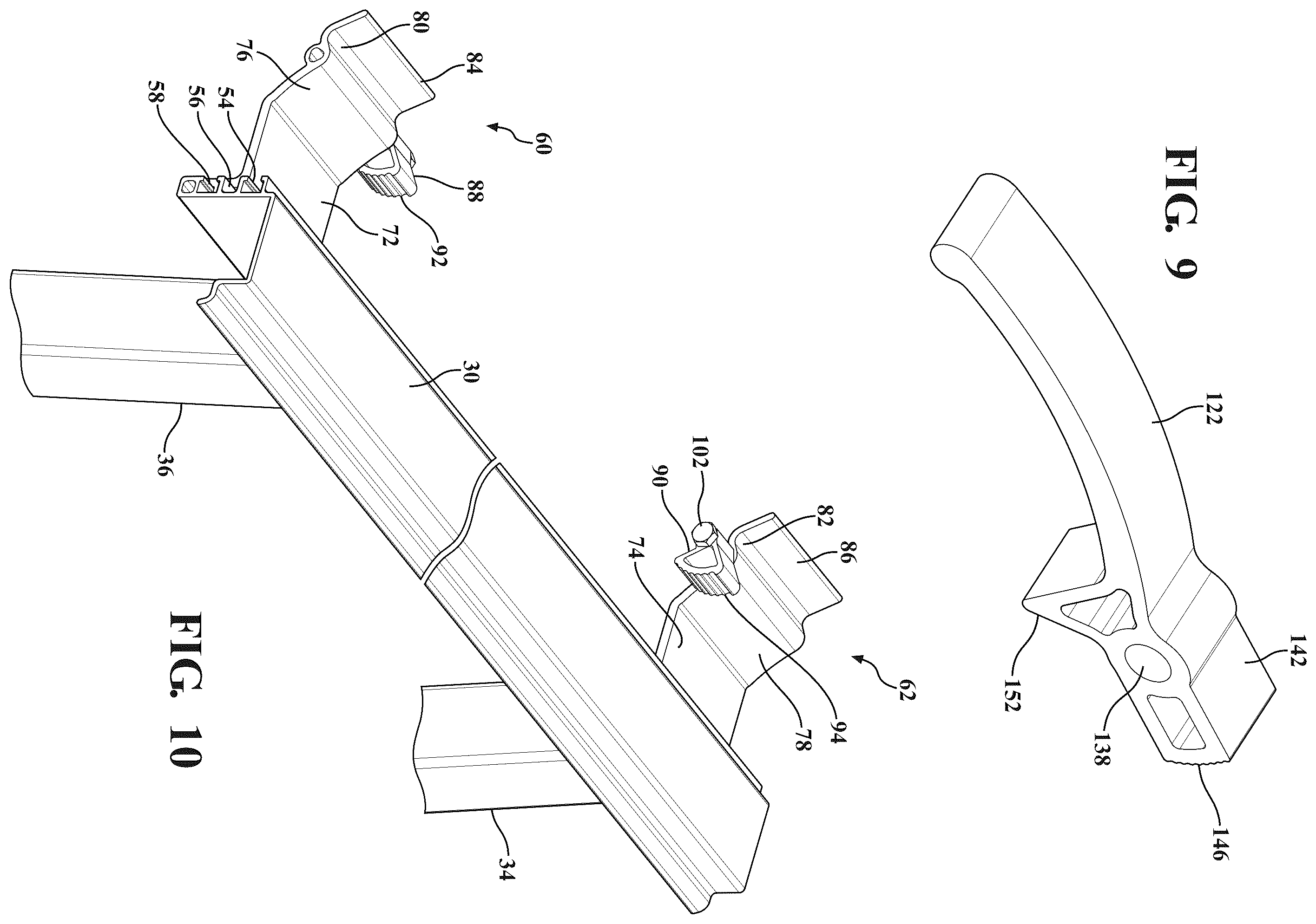 Patent US12366044 Figure 7 – Dock assembly with inter-engaging sections incorporating cam profile clips and lift lever mechanism for vertical adjustability