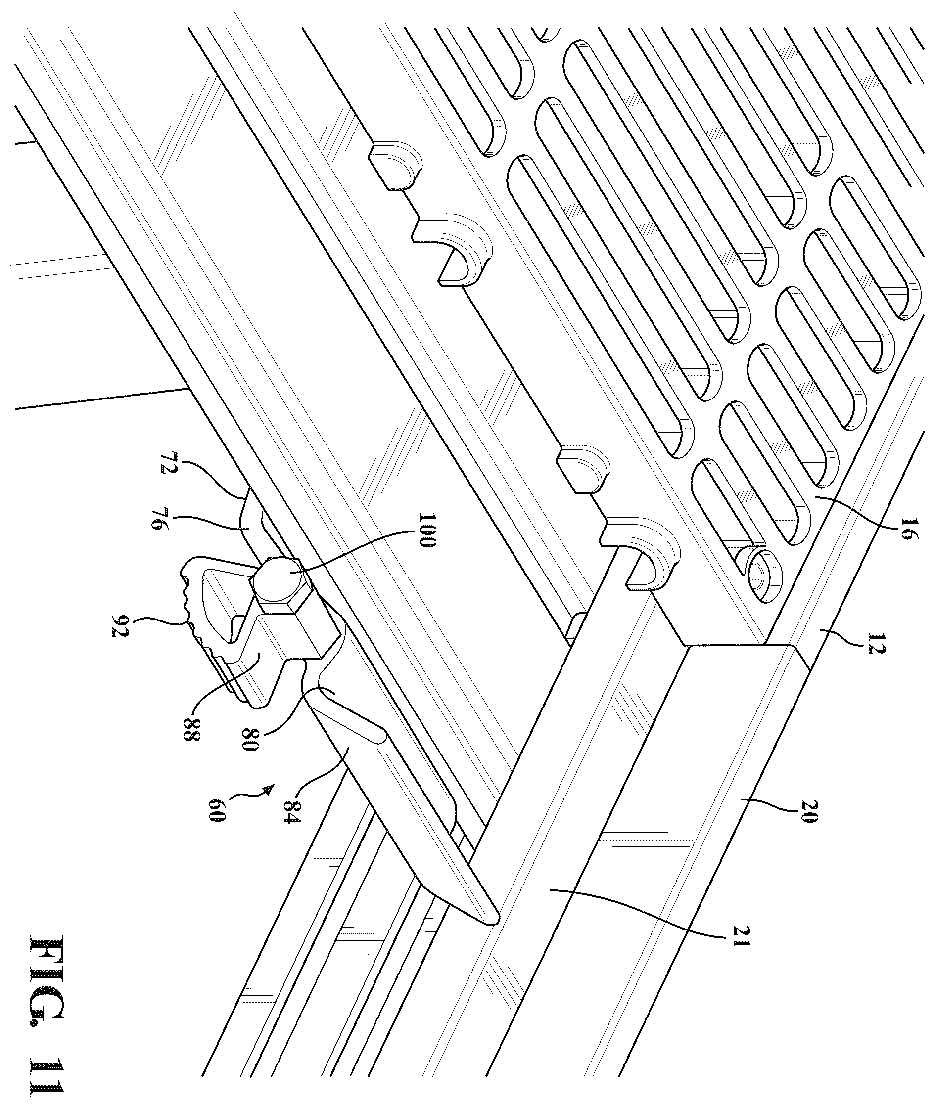 Patent US12366044 Figure 8 – Dock assembly with inter-engaging sections incorporating cam profile clips and lift lever mechanism for vertical adjustability