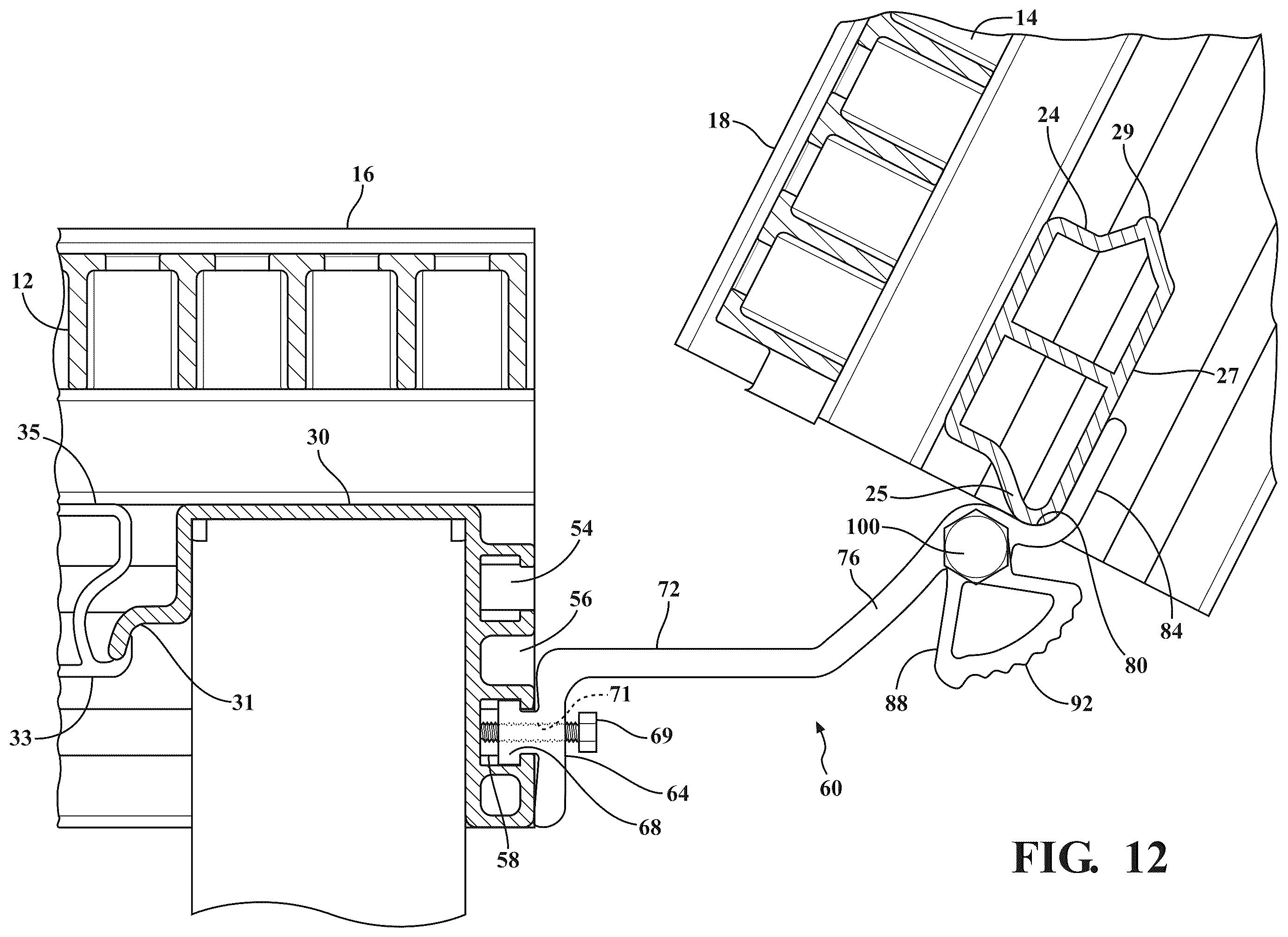 Patent US12366044 Figure 9 – Dock assembly with inter-engaging sections incorporating cam profile clips and lift lever mechanism for vertical adjustability