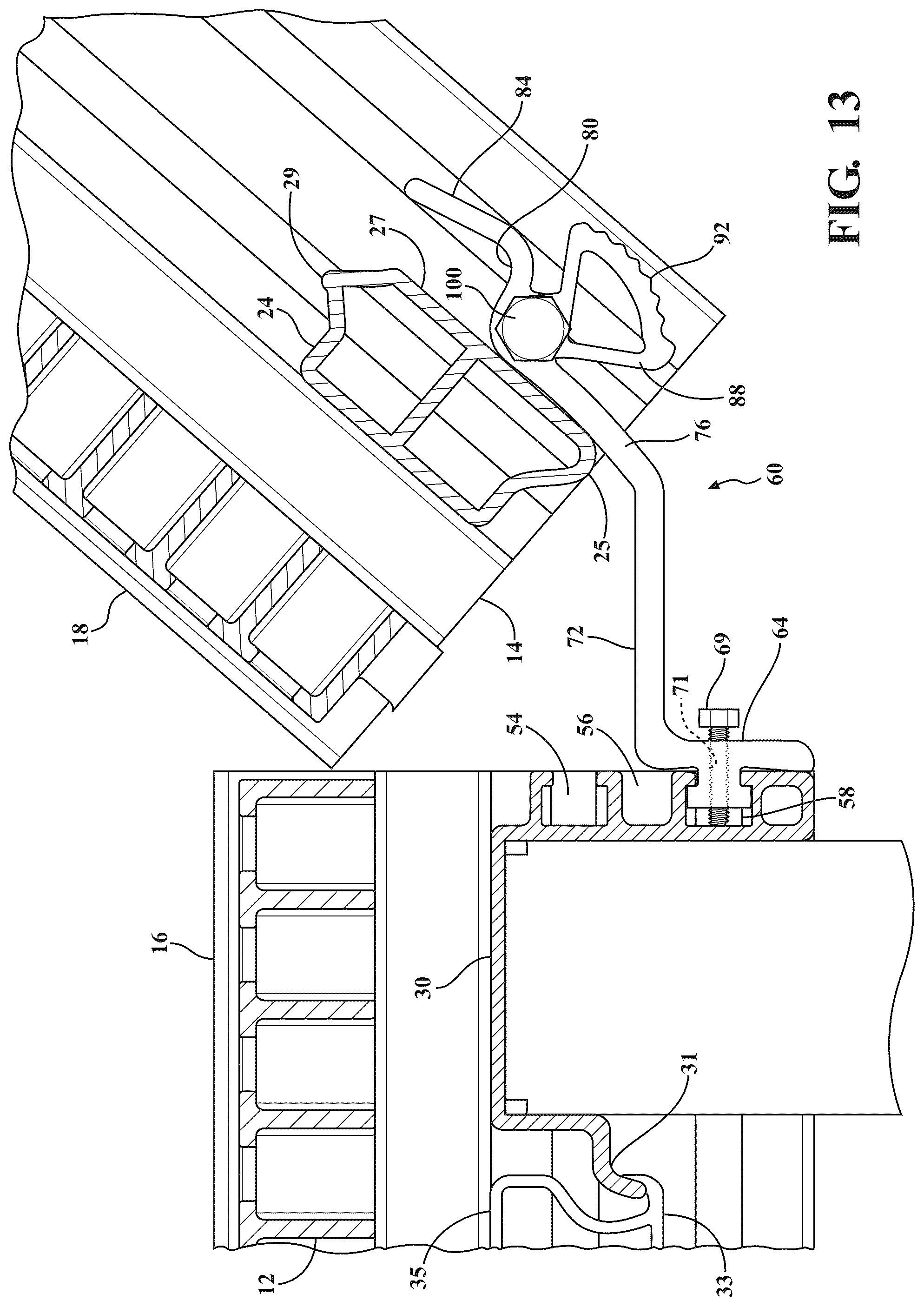 Patent US12366044 Figure 10 – Dock assembly with inter-engaging sections incorporating cam profile clips and lift lever mechanism for vertical adjustability