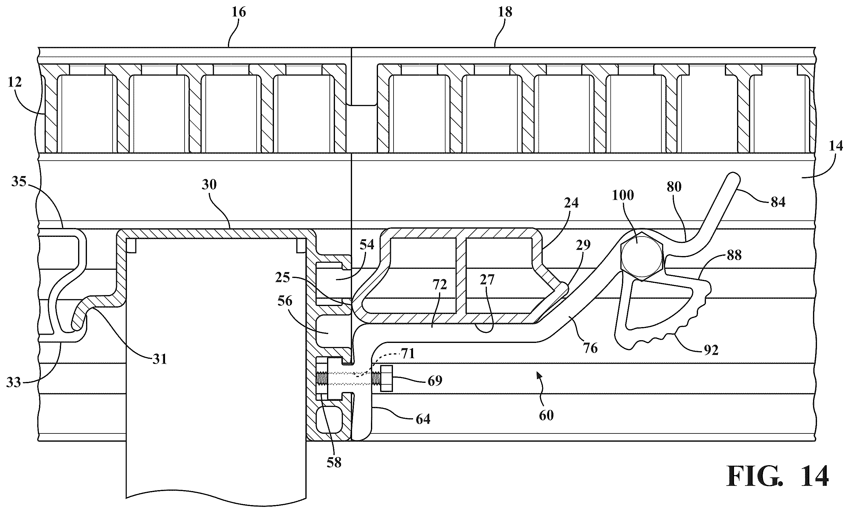 Patent US12366044 Figure 11 – Dock assembly with inter-engaging sections incorporating cam profile clips and lift lever mechanism for vertical adjustability
