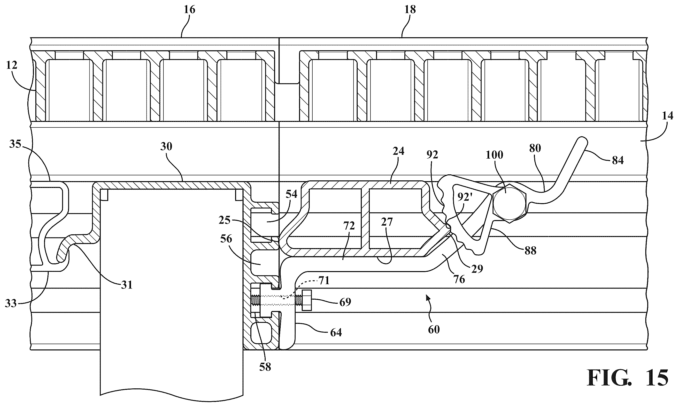 Patent US12366044 Figure 12 – Dock assembly with inter-engaging sections incorporating cam profile clips and lift lever mechanism for vertical adjustability