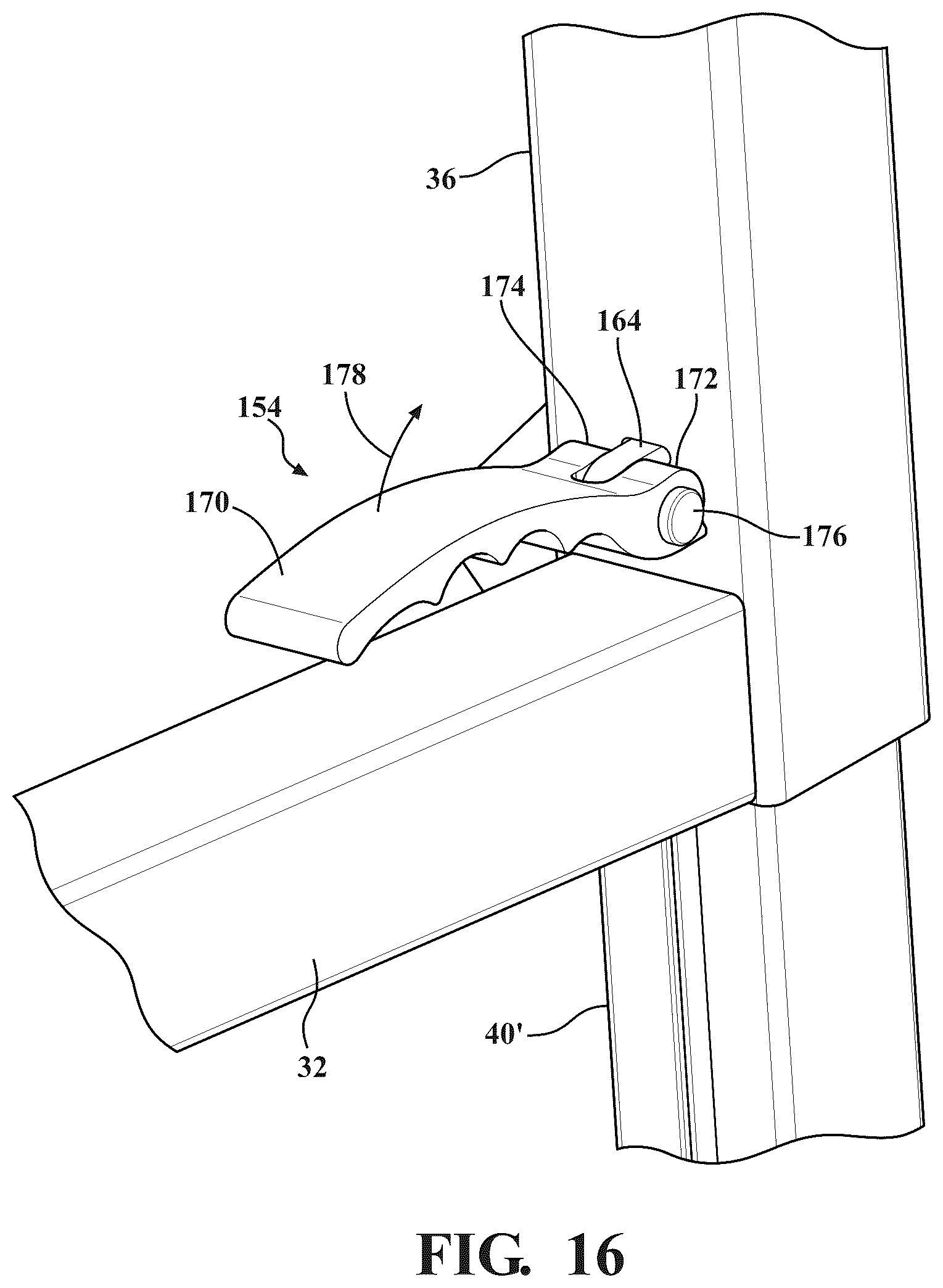 Patent US12366044 Figure 13 – Dock assembly with inter-engaging sections incorporating cam profile clips and lift lever mechanism for vertical adjustability