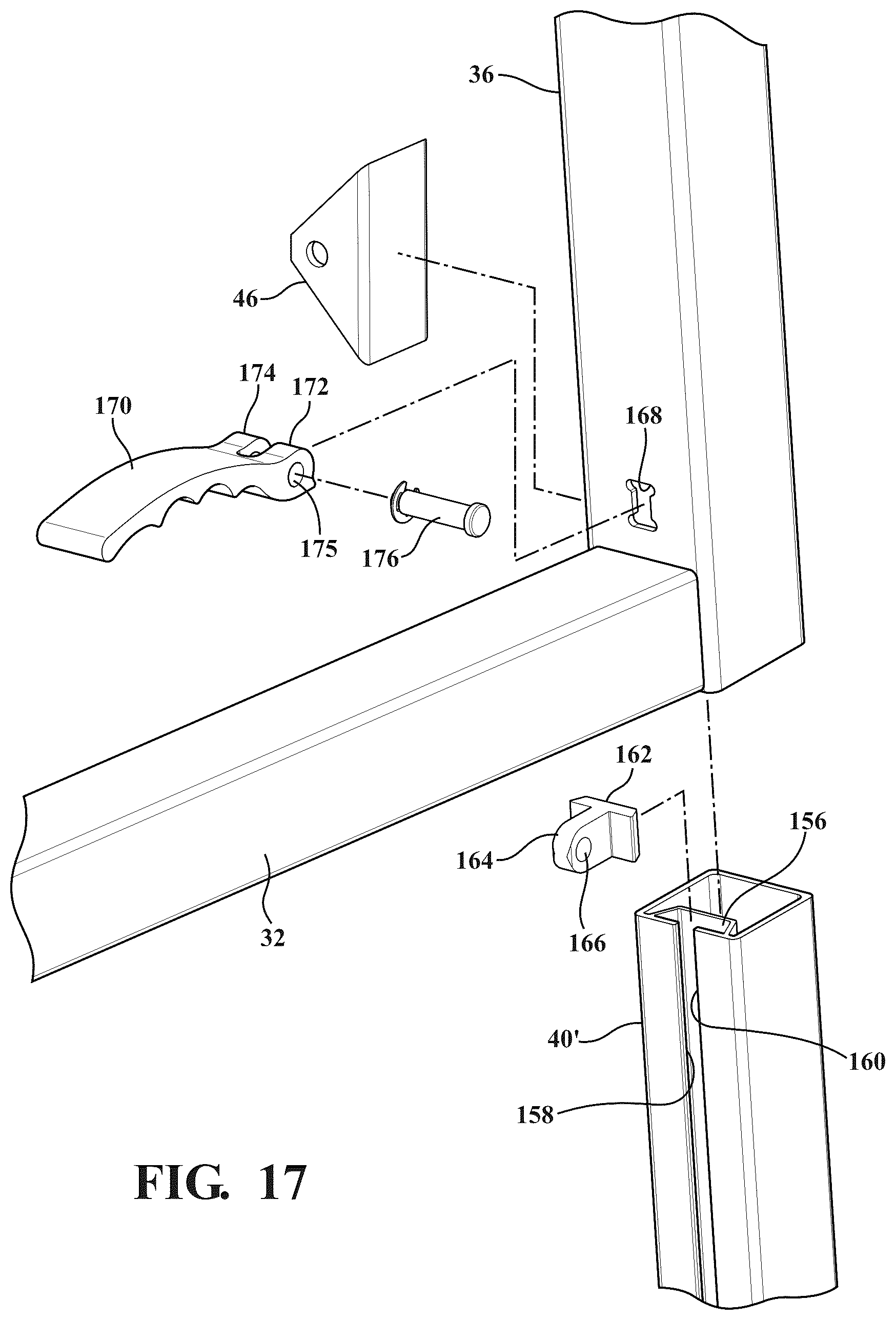 Patent US12366044 Figure 14 – Dock assembly with inter-engaging sections incorporating cam profile clips and lift lever mechanism for vertical adjustability