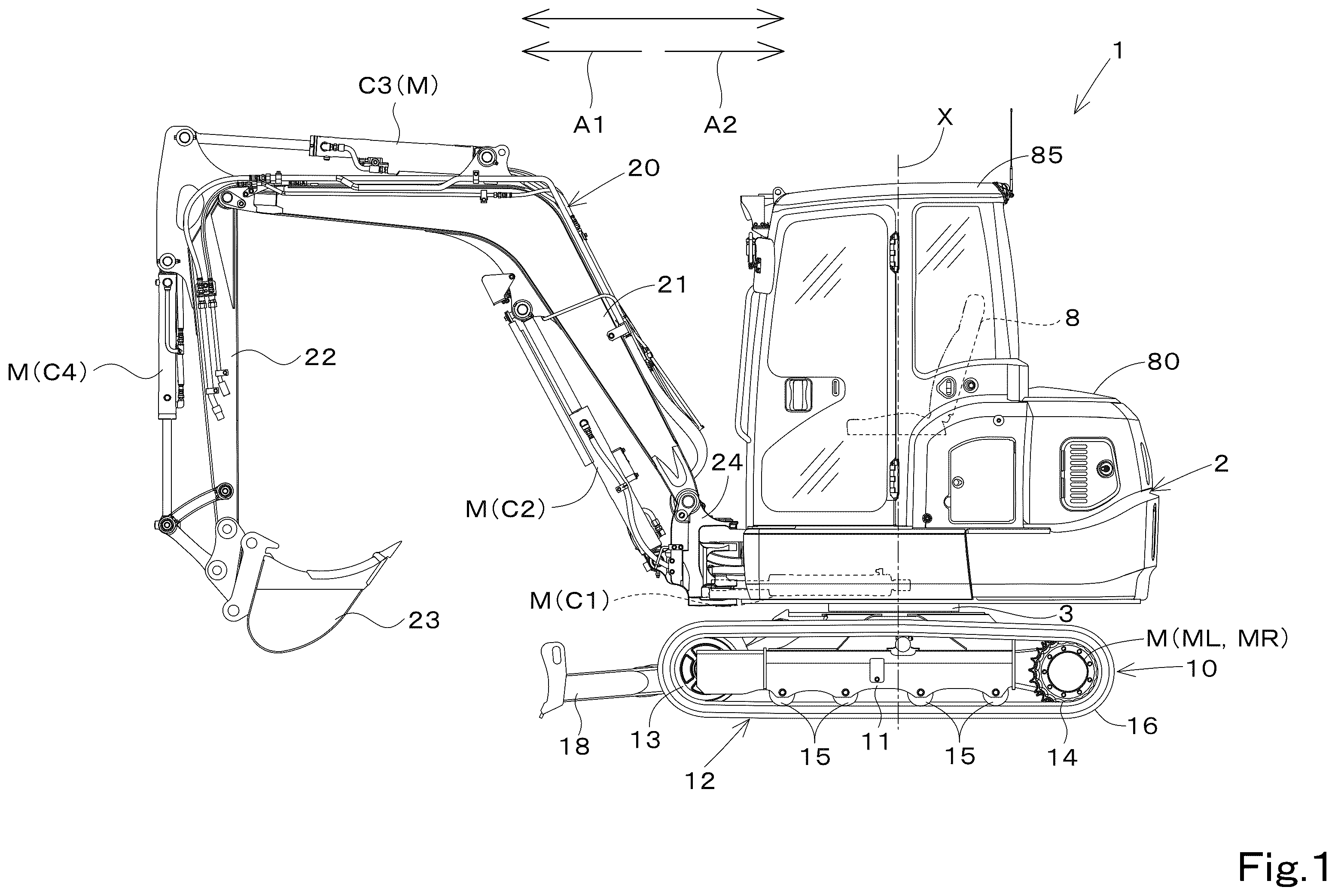 Patent US12366049 Figure 1 – Swivel working machine