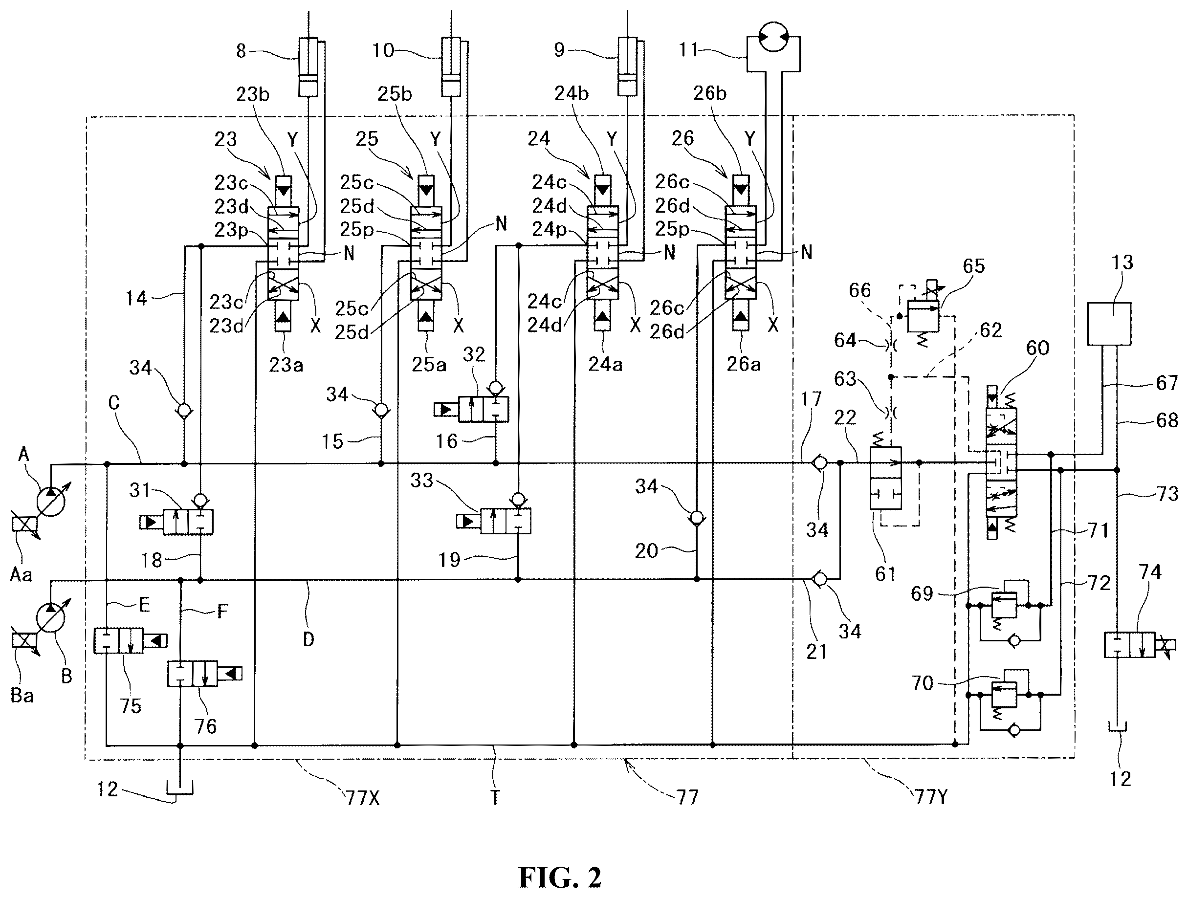 Patent US12366054 Figure 2 – Hydraulic control system in working machine