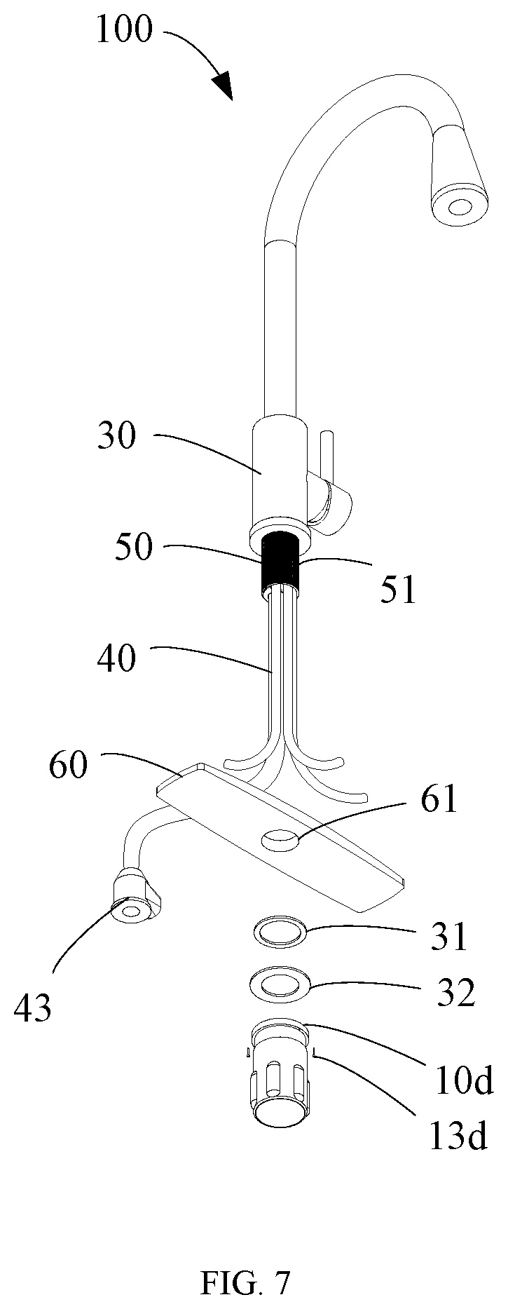 Patent US12366058 Figure 7 – Fixing assembly and faucet