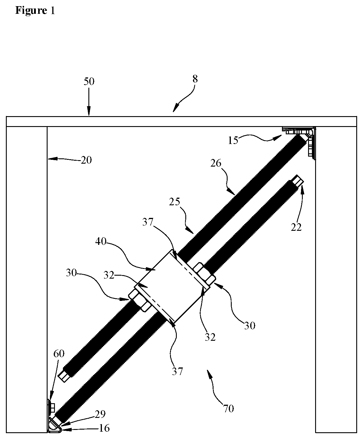 Patent US12366078 Figure 1 – Structural connector for tensioning floor joists and beams