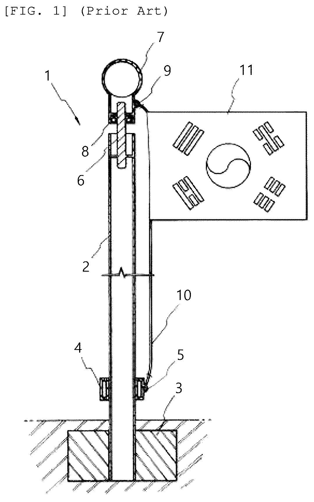 Patent US12366084 Figure 1 – Rotation type national flag hoisting pole to minimize rainwater adhesion area of national flag