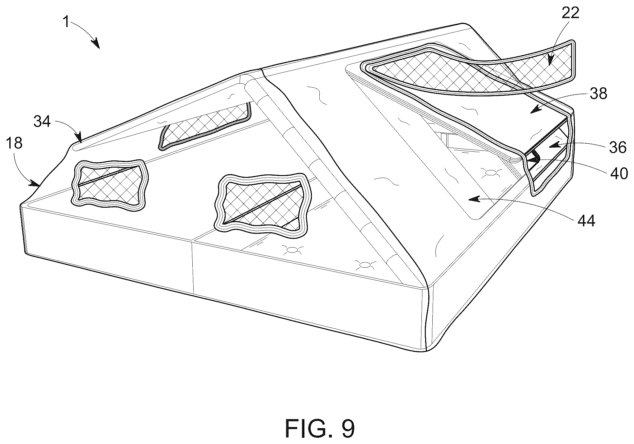 Patent US12366087 Figure 9 – Hybrid collapsible shelter