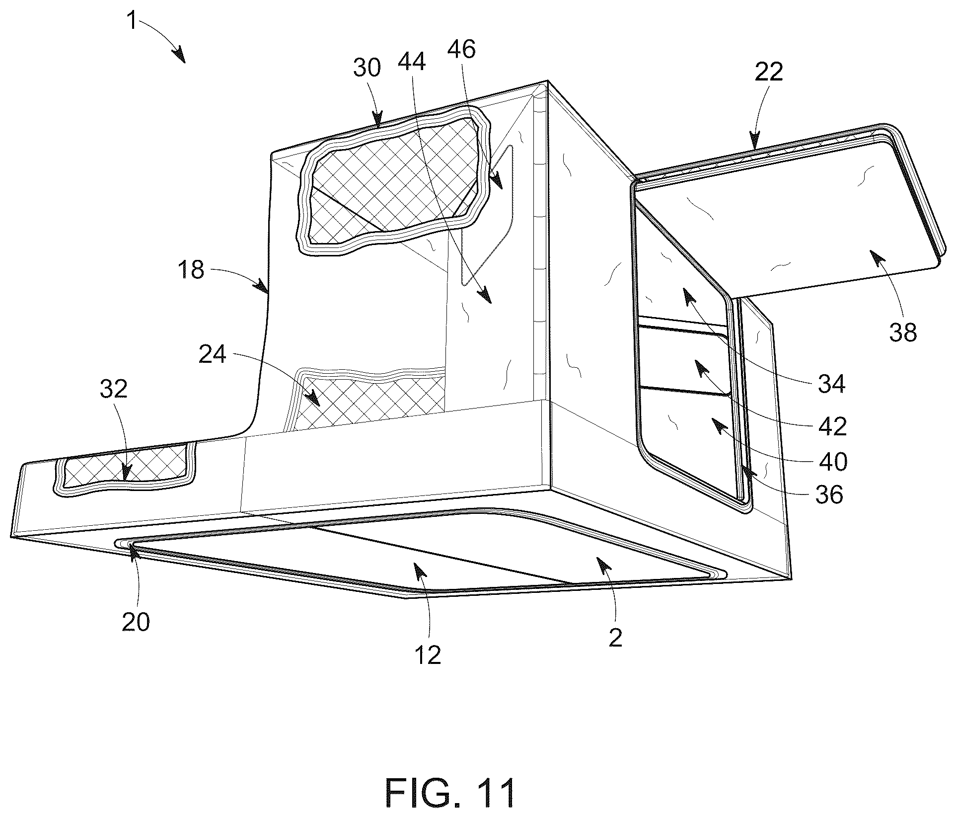 Patent US12366087 Figure 11 – Hybrid collapsible shelter