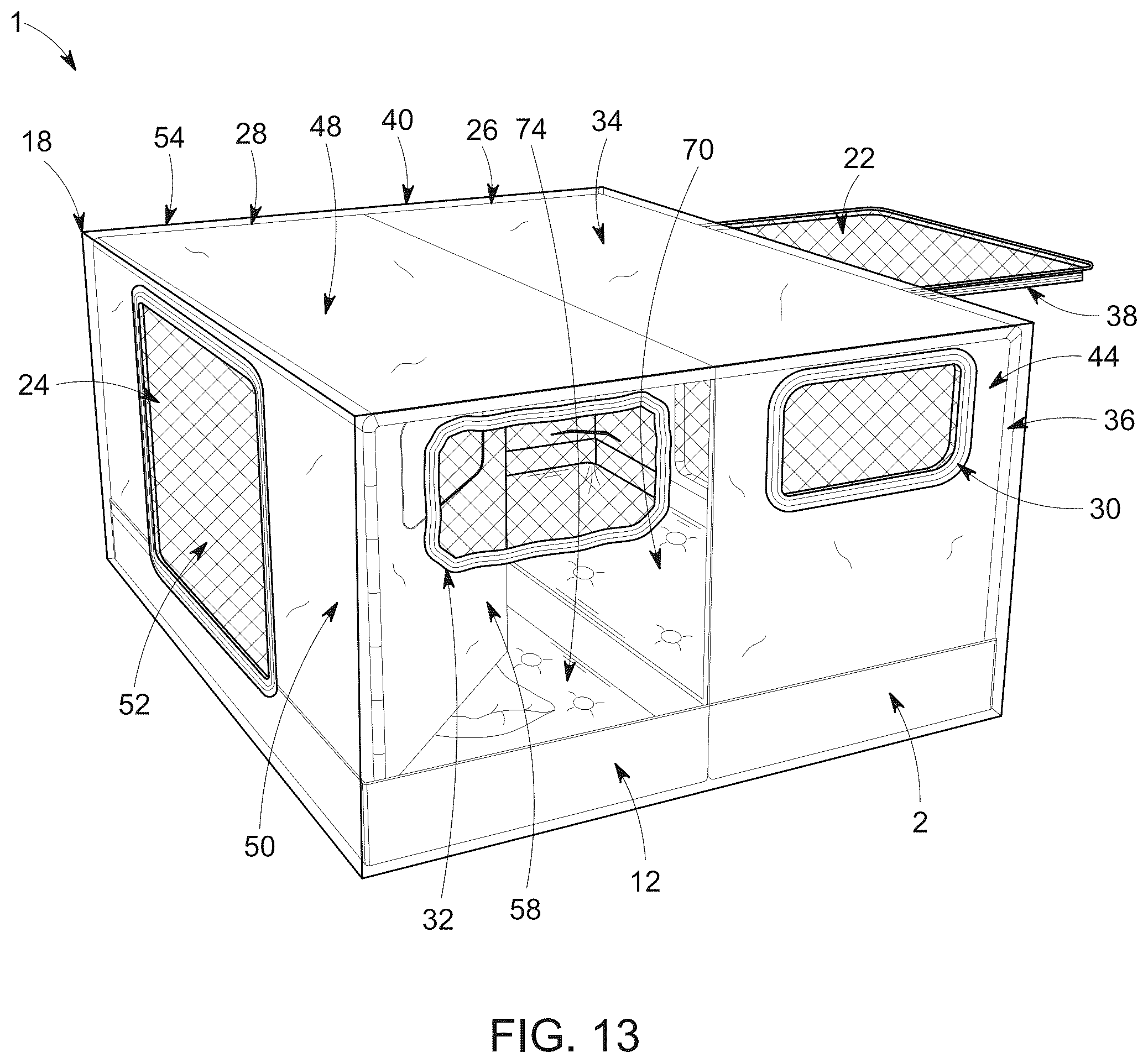 Patent US12366087 Figure 13 – Hybrid collapsible shelter