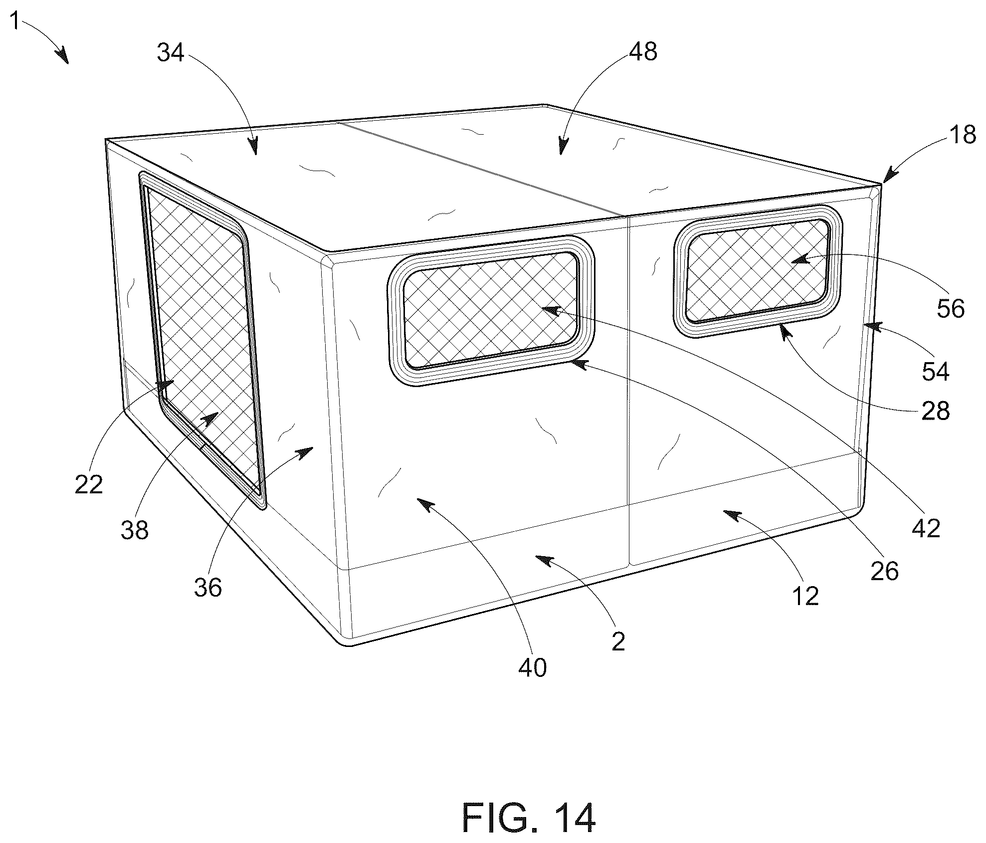 Patent US12366087 Figure 14 – Hybrid collapsible shelter