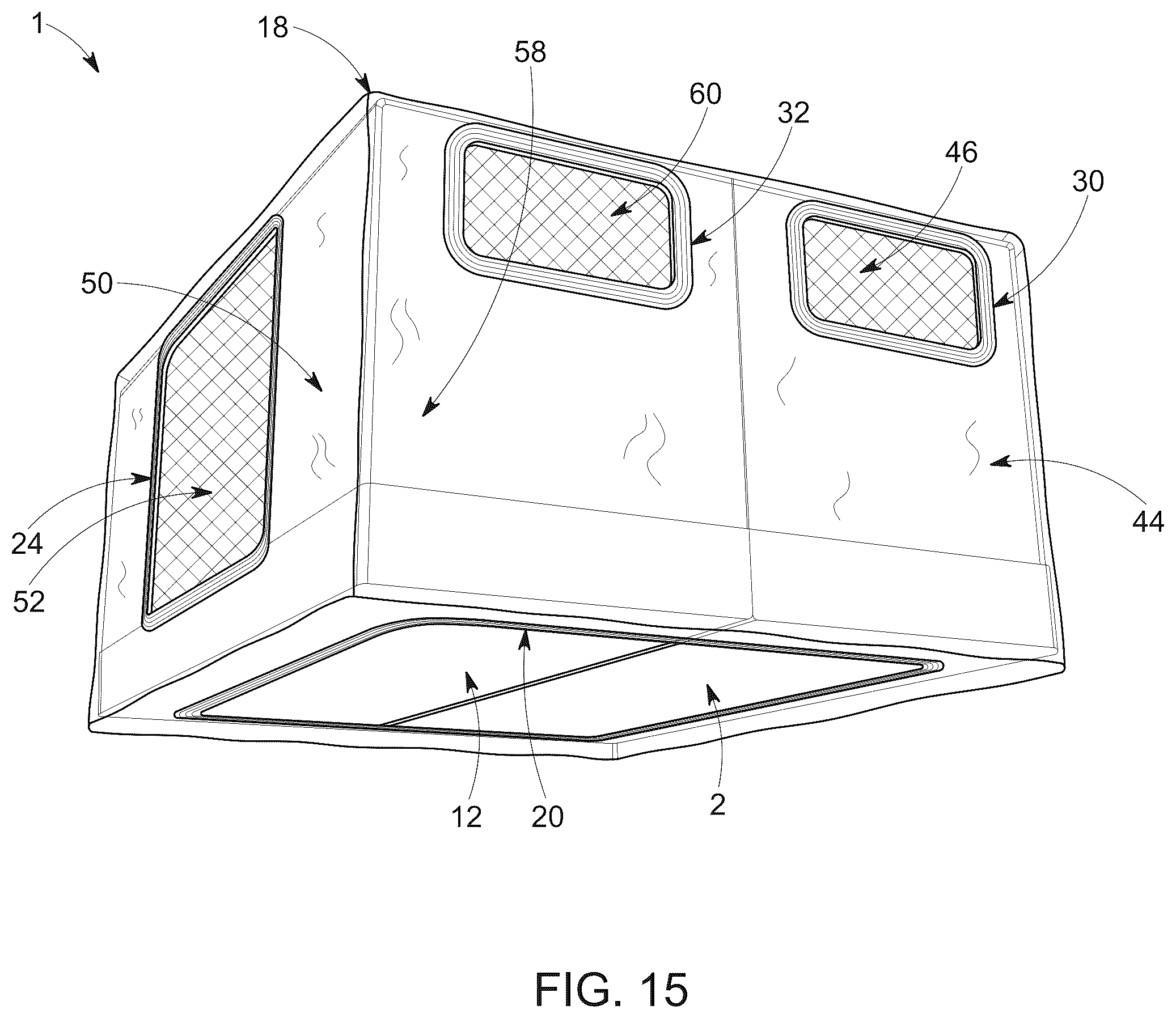 Patent US12366087 Figure 15 – Hybrid collapsible shelter