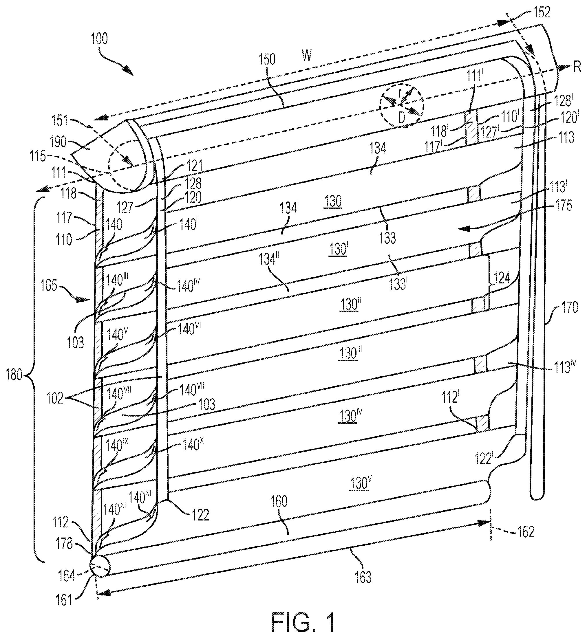 Patent US12366114 Figure 1 – Covering for architectural features, and related systems, methods of operation, and manufacture