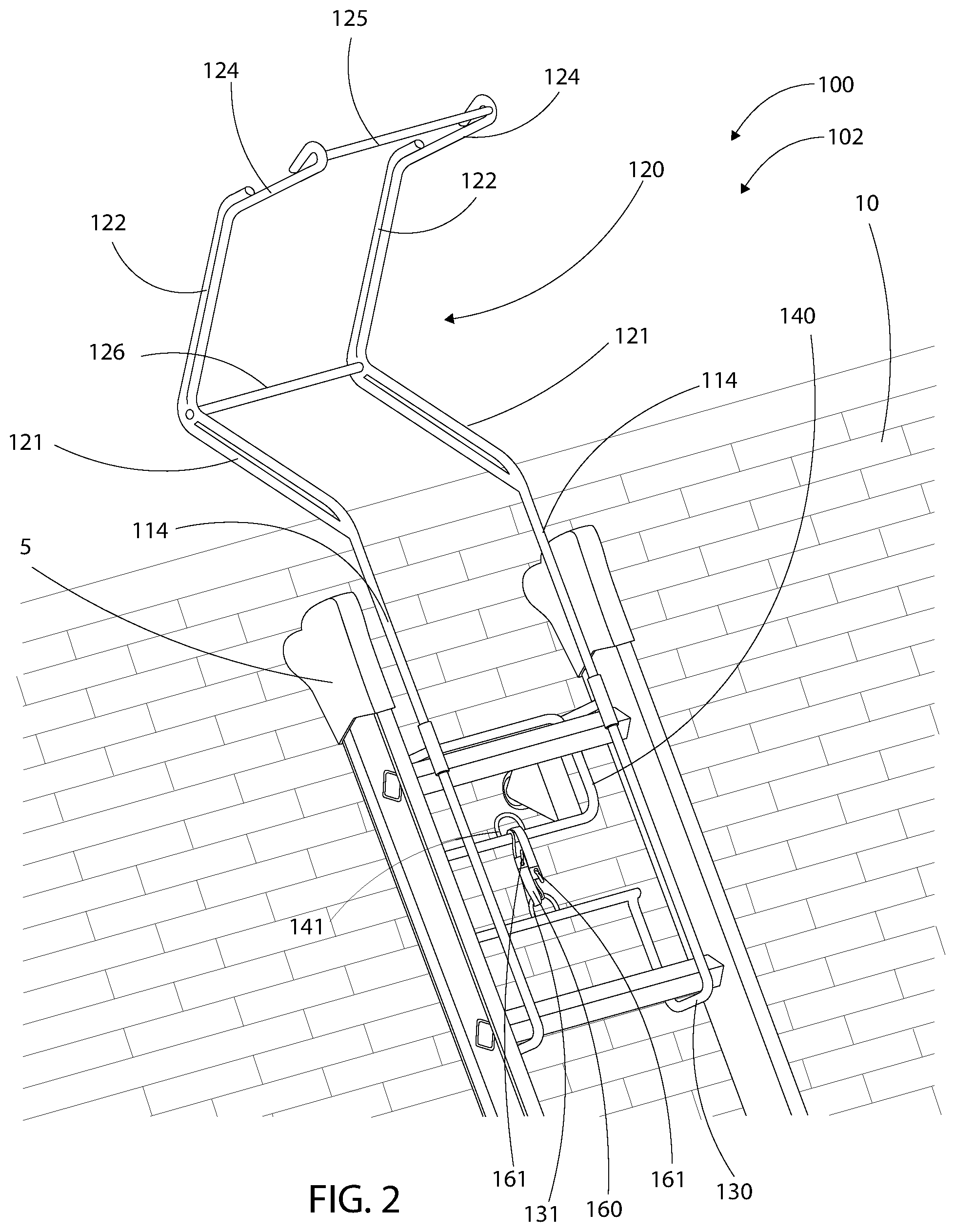Patent US12366116 Figure 2 – Roof ridge ladder hook