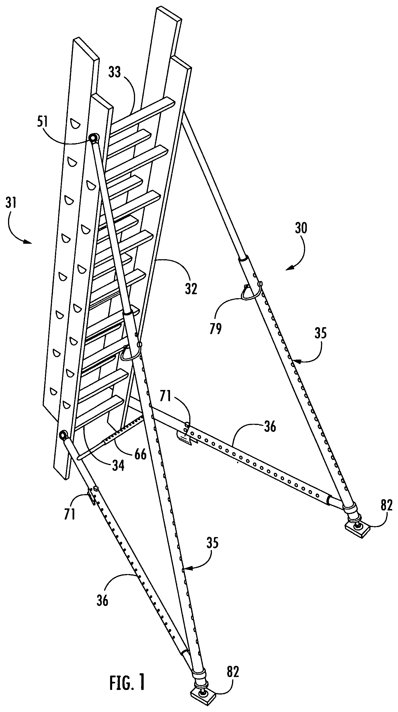Patent US12366118 Figure 1 – Stabilizing assembly for extension ladders
