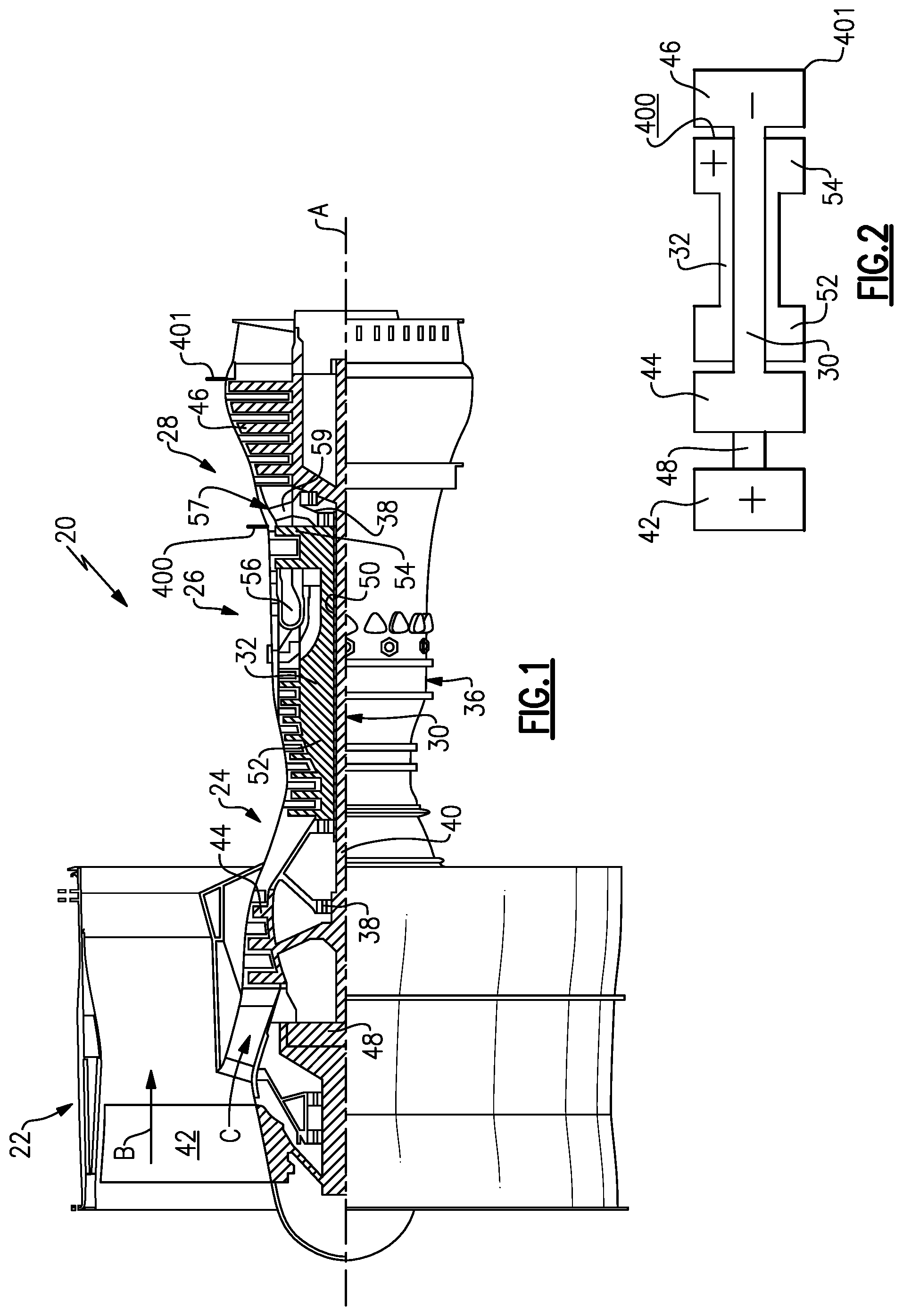 Patent US12366179 — Gas turbine engine with high speed low pressure turbine section and bearing support features — Figure 1