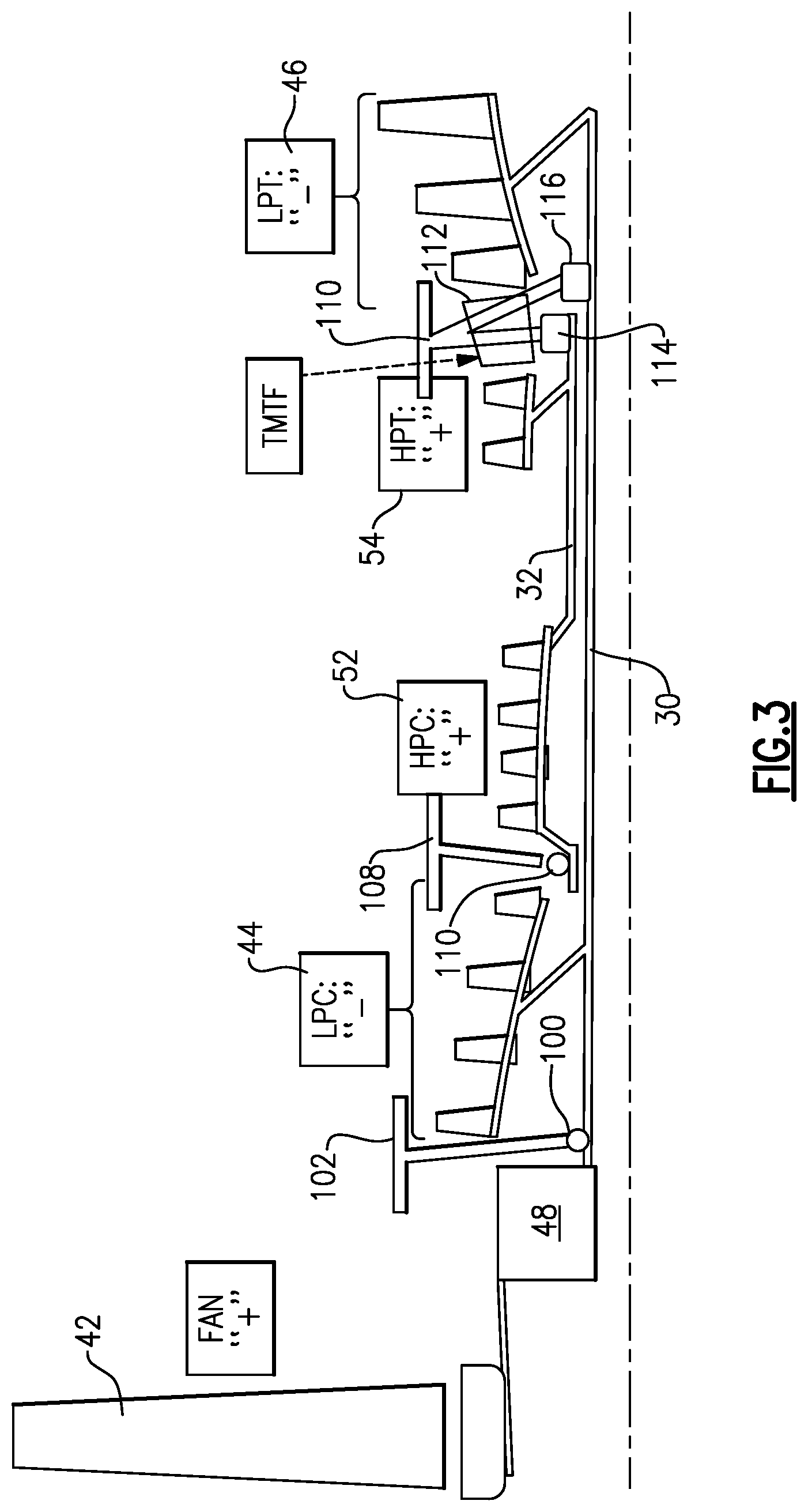 Patent US12366179 Figure 2 – Gas turbine engine with high speed low pressure turbine section and bearing support features