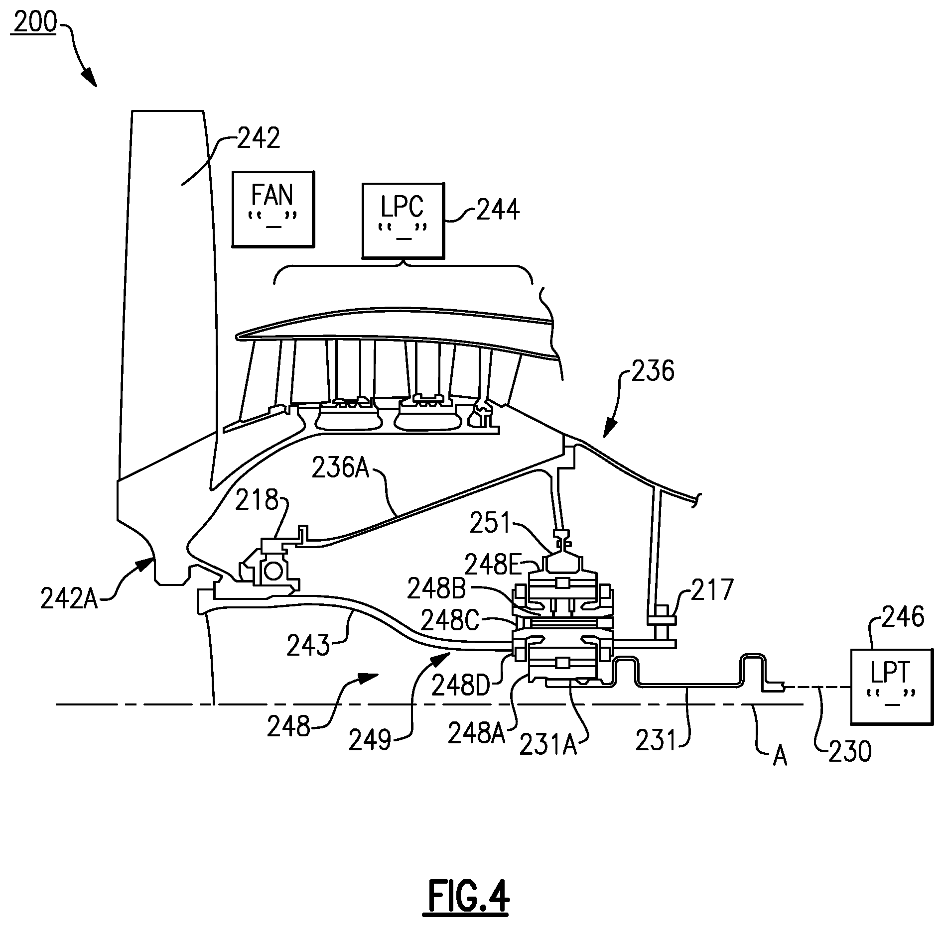 Patent US12366179 Figure 3 – Gas turbine engine with high speed low pressure turbine section and bearing support features