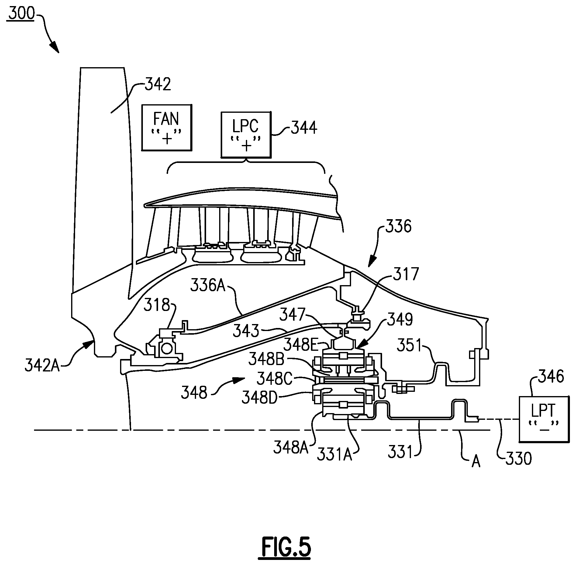 Patent US12366179 Figure 4 – Gas turbine engine with high speed low pressure turbine section and bearing support features