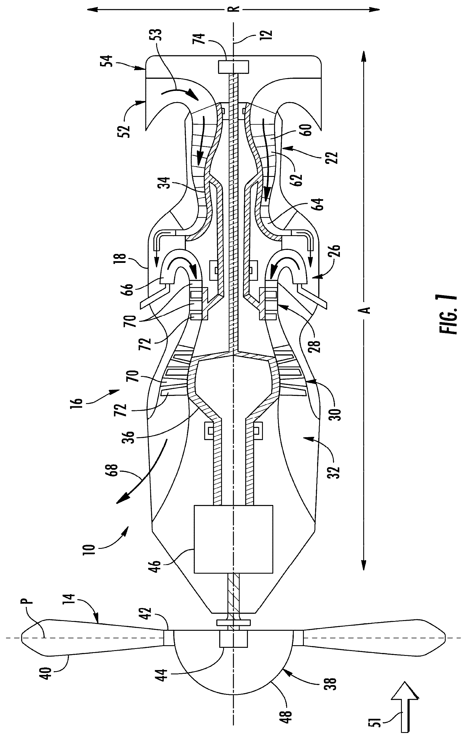 Patent US12366201 Figure 1 – Reverse flow gas turbine engine having electric machine
