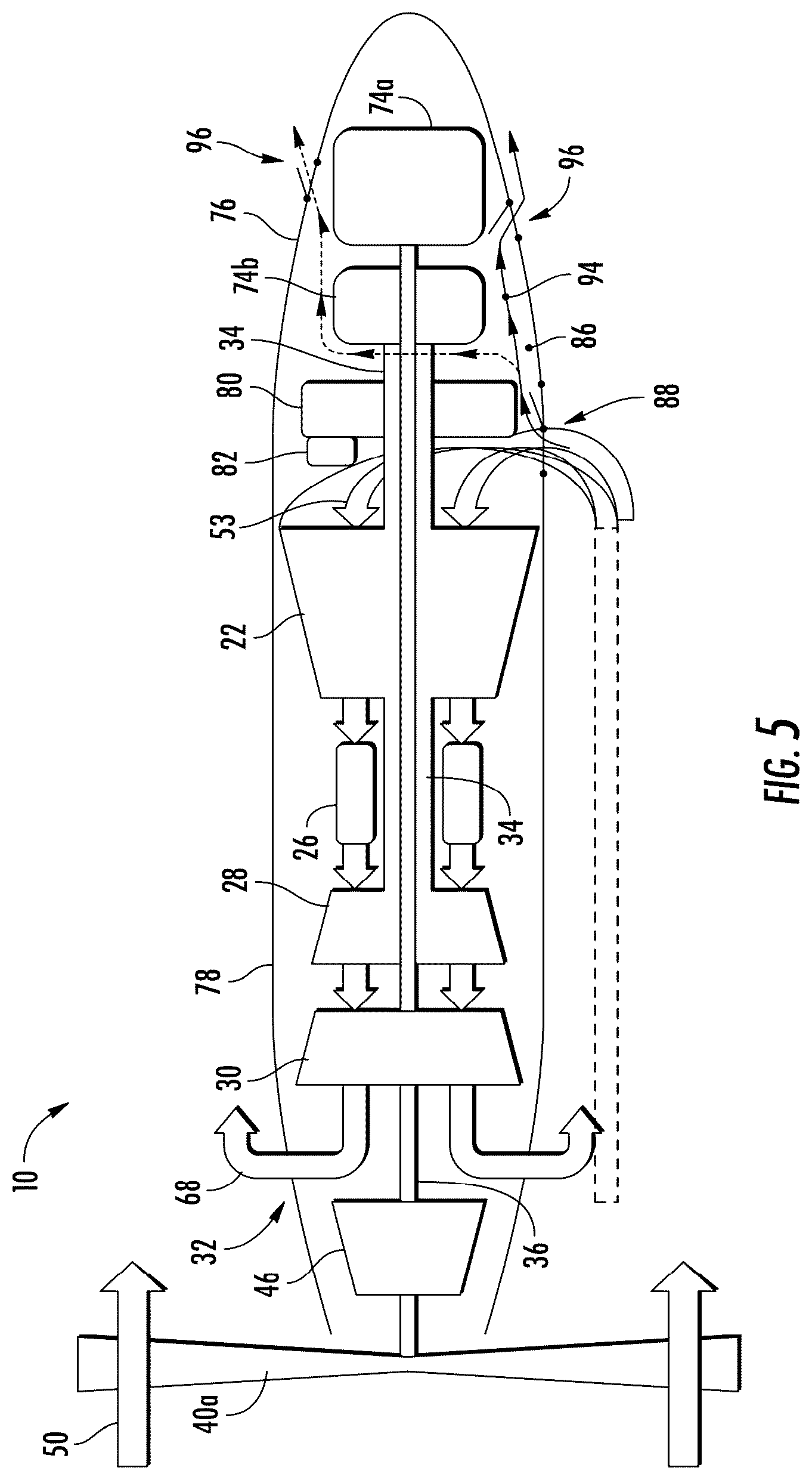 Patent US12366201 Figure 5 – Reverse flow gas turbine engine having electric machine