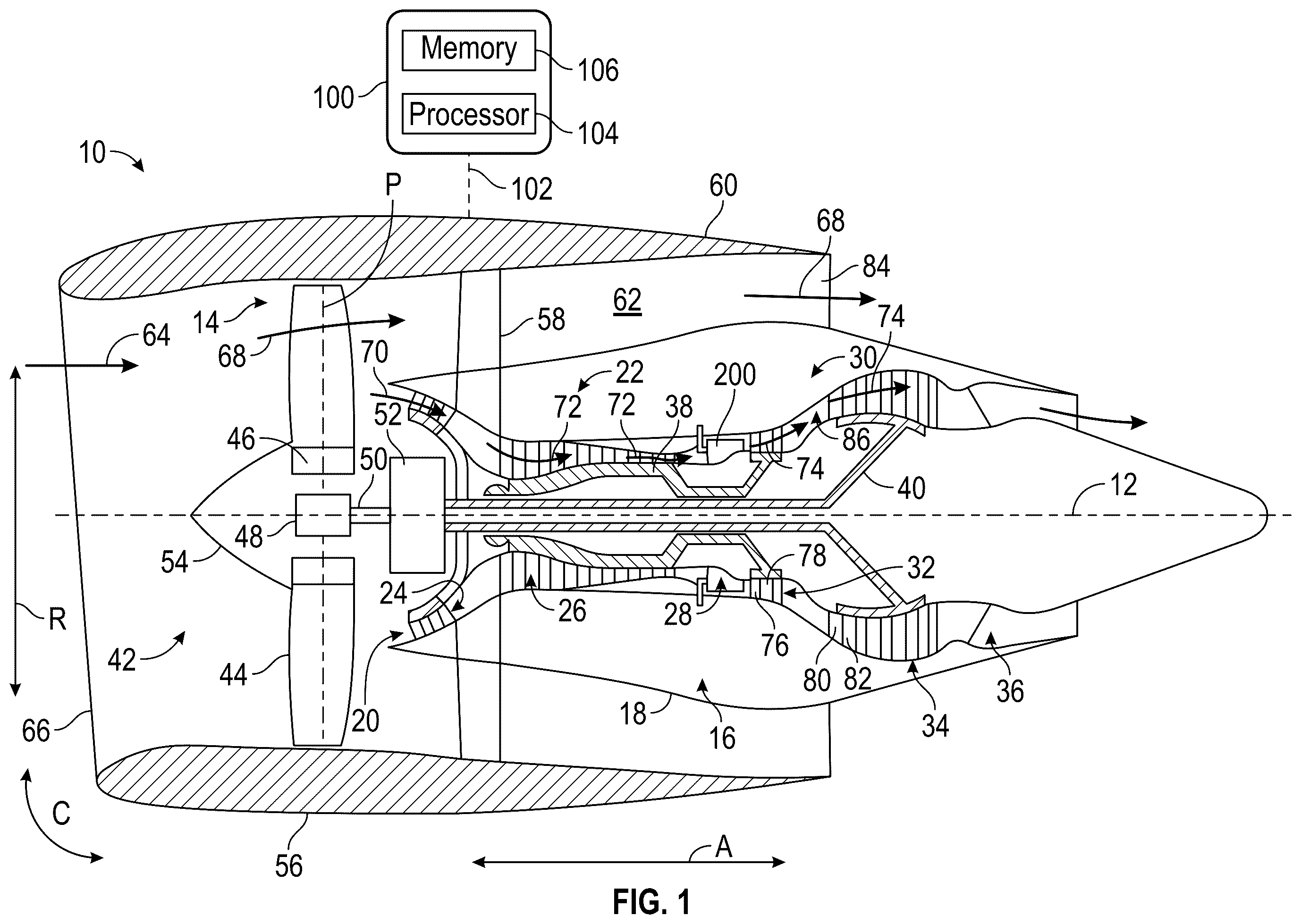Patent US12366203 Figure 1 – Turbine engine having a multicavity damper