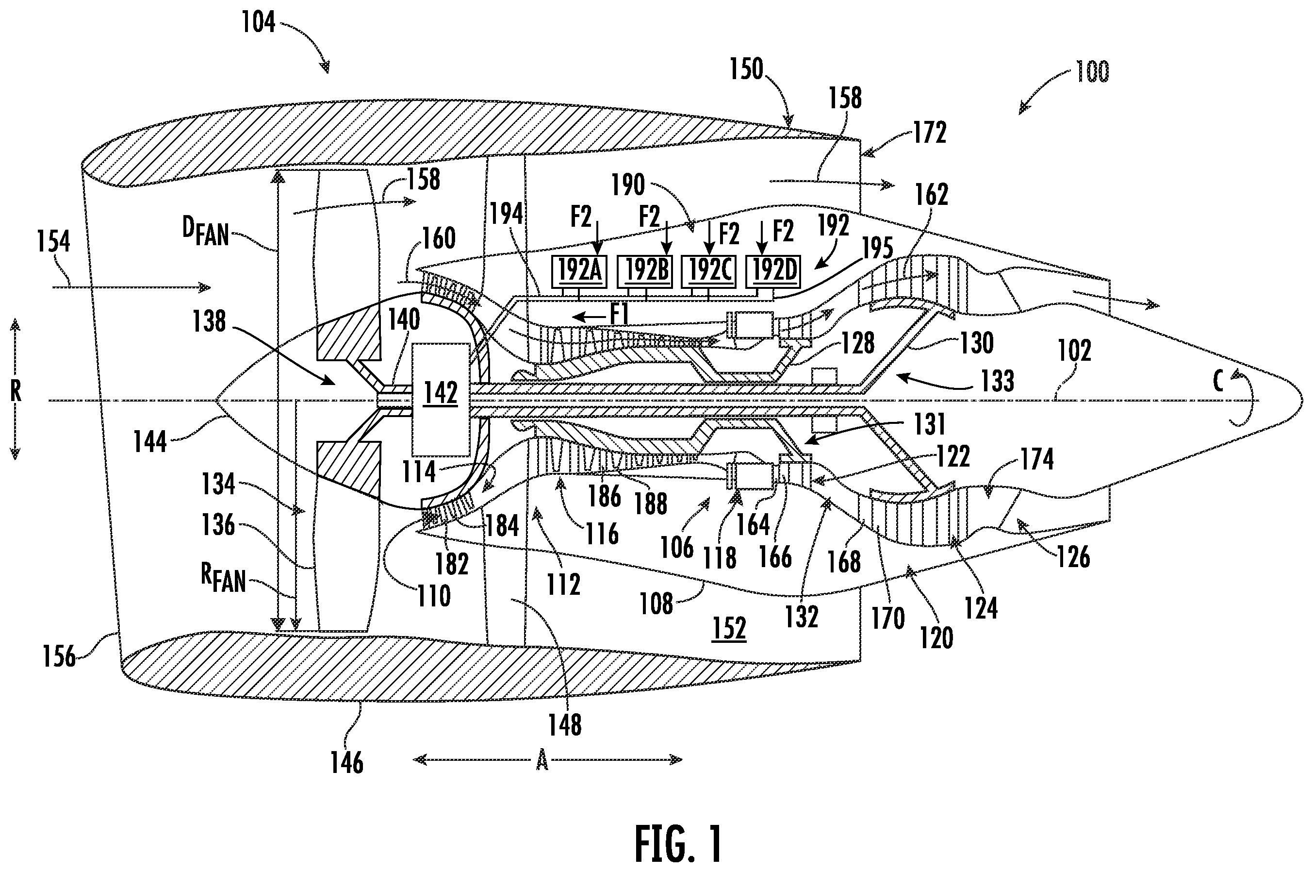 Patent US12366204 Figure 1 – Heat exchanger capacity for one or more heat exchangers associated with a power gearbox of a turbofan engine