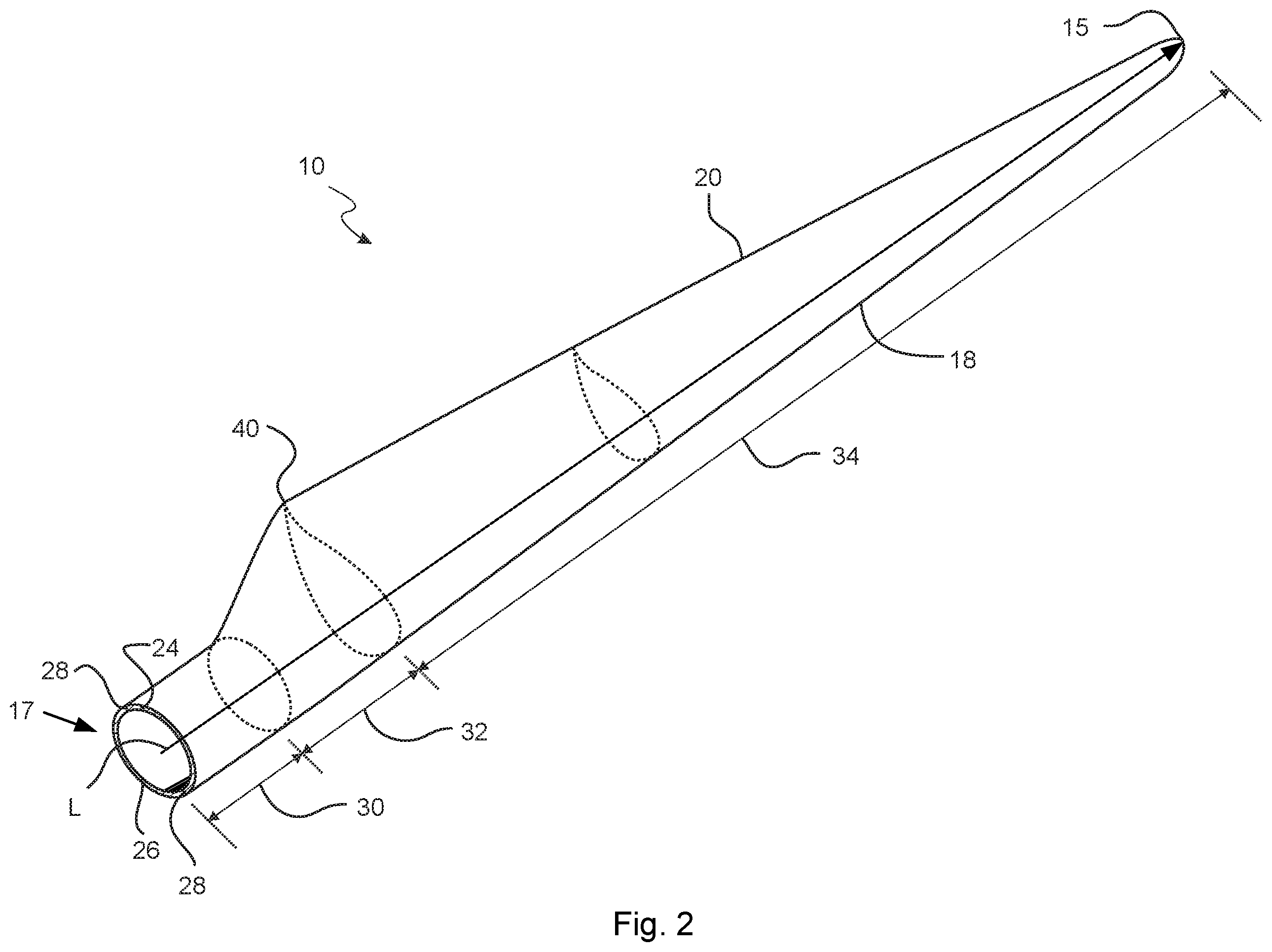 Patent US12366225 Figure 2 – Wind turbine blade with dampening of edgewise vibrations