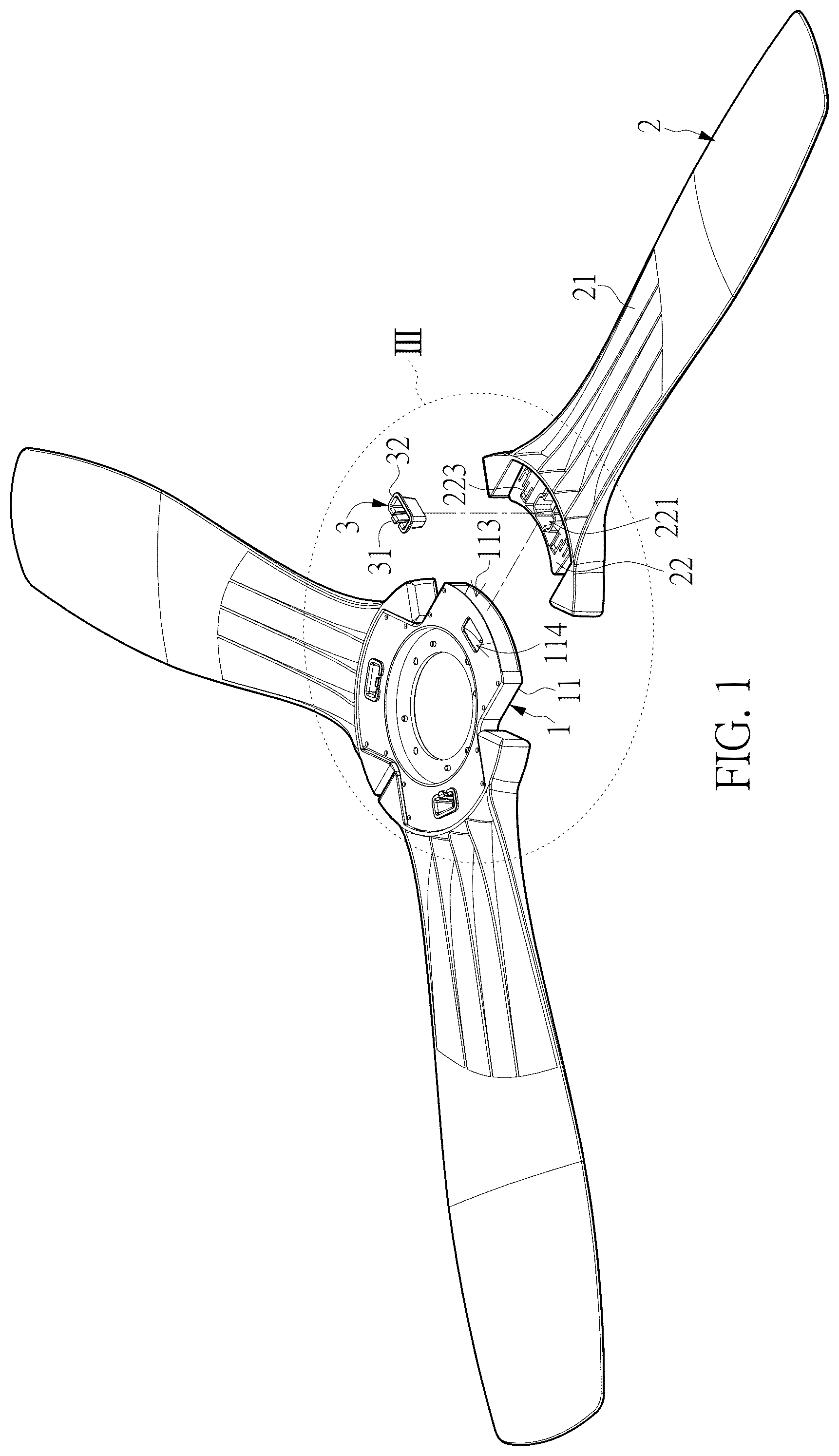 Patent US12366252 Figure 1 – Ceiling fan blade quick assembly structure