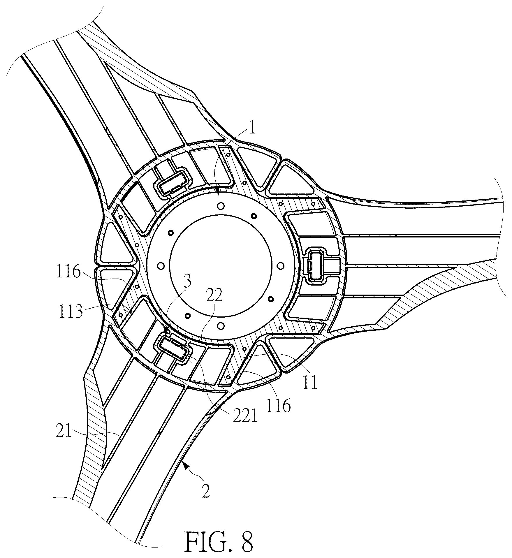 Patent US12366252 Figure 8 – Ceiling fan blade quick assembly structure