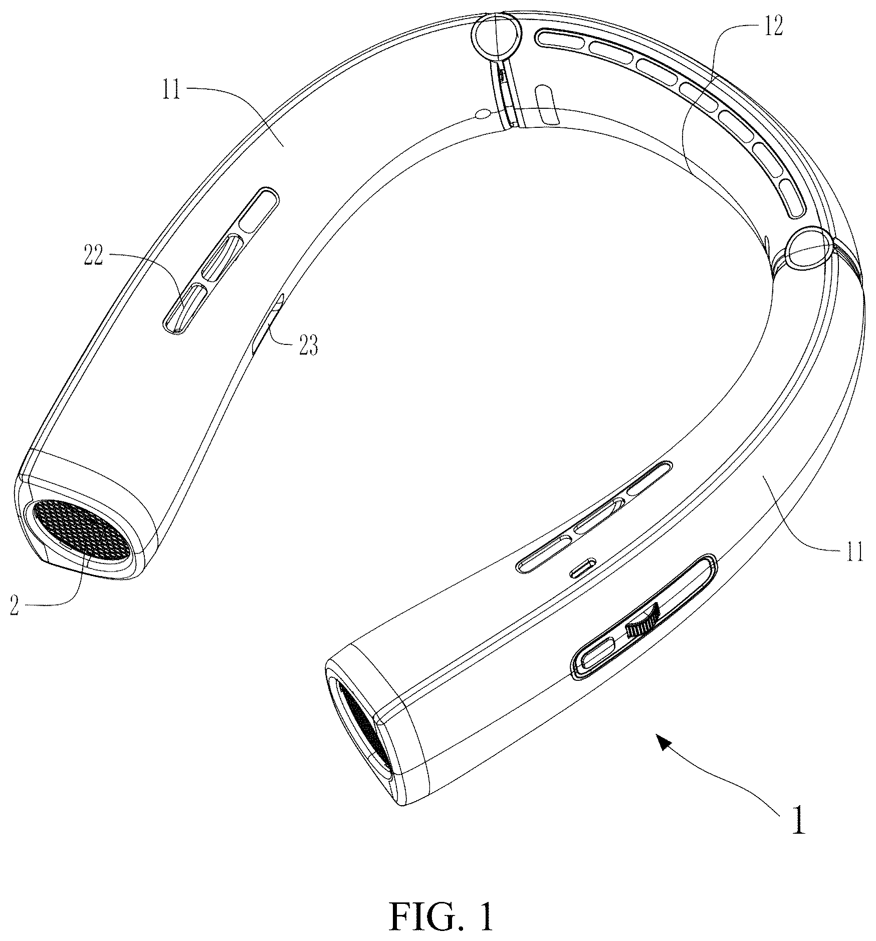 Patent US12366255 Figure 1 – Neck hanging fan