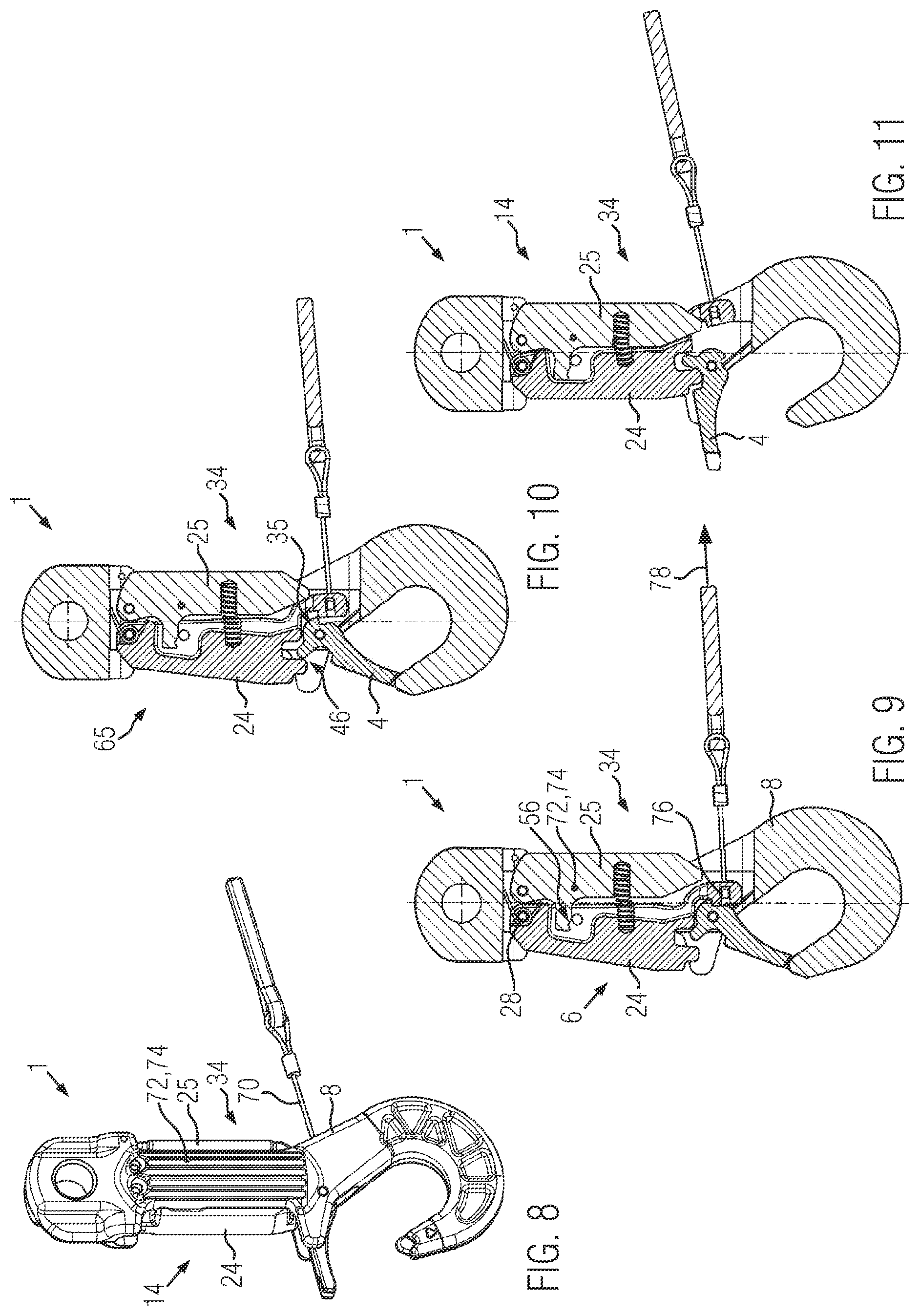 Patent US12366262 Figure 4 – Underwater hook with actuation button and release button